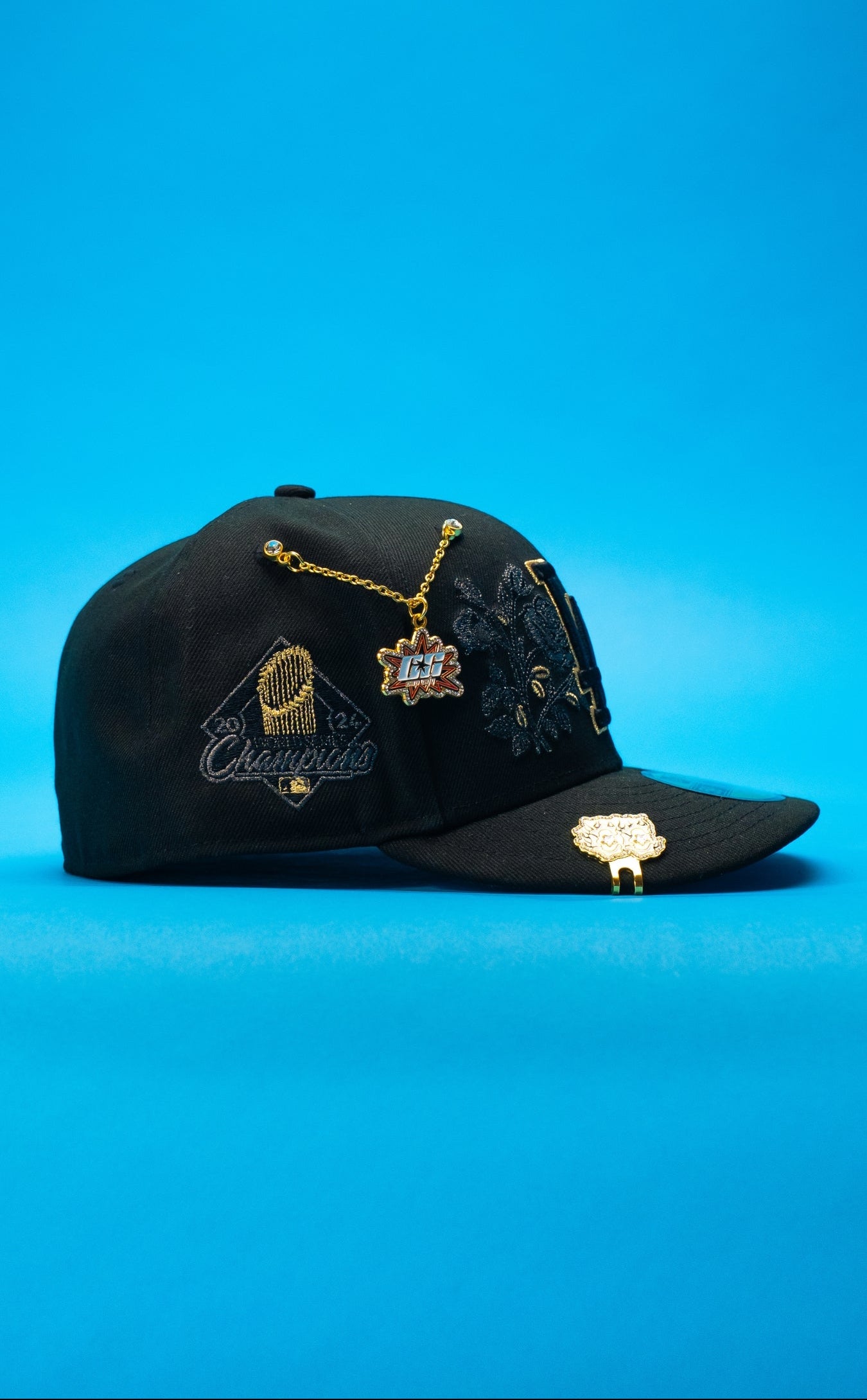 NEW ERA EXCLUSIVE 59FIFTY BLACK LOS ANGELES DODGERS W/ BLOOMING ROSE + WORLD SERIES CHAMPIONS SIDE PATCH