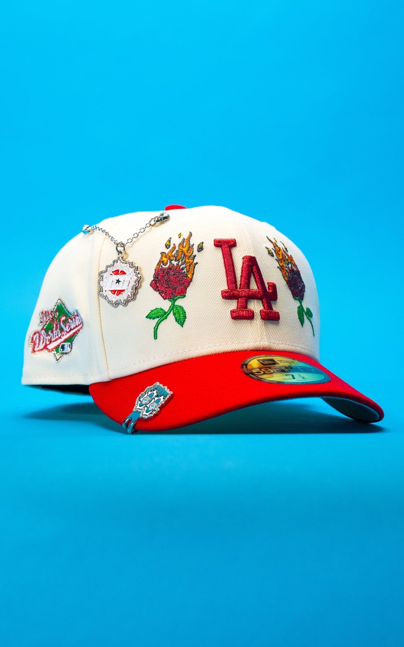 NEW ERA EXCLUSIVE 59FIFTY CHROME/RED LOS ANGELES DODGERS W/ BURNT ROSES + 1988 WORLD SERIES SIDE PATCH