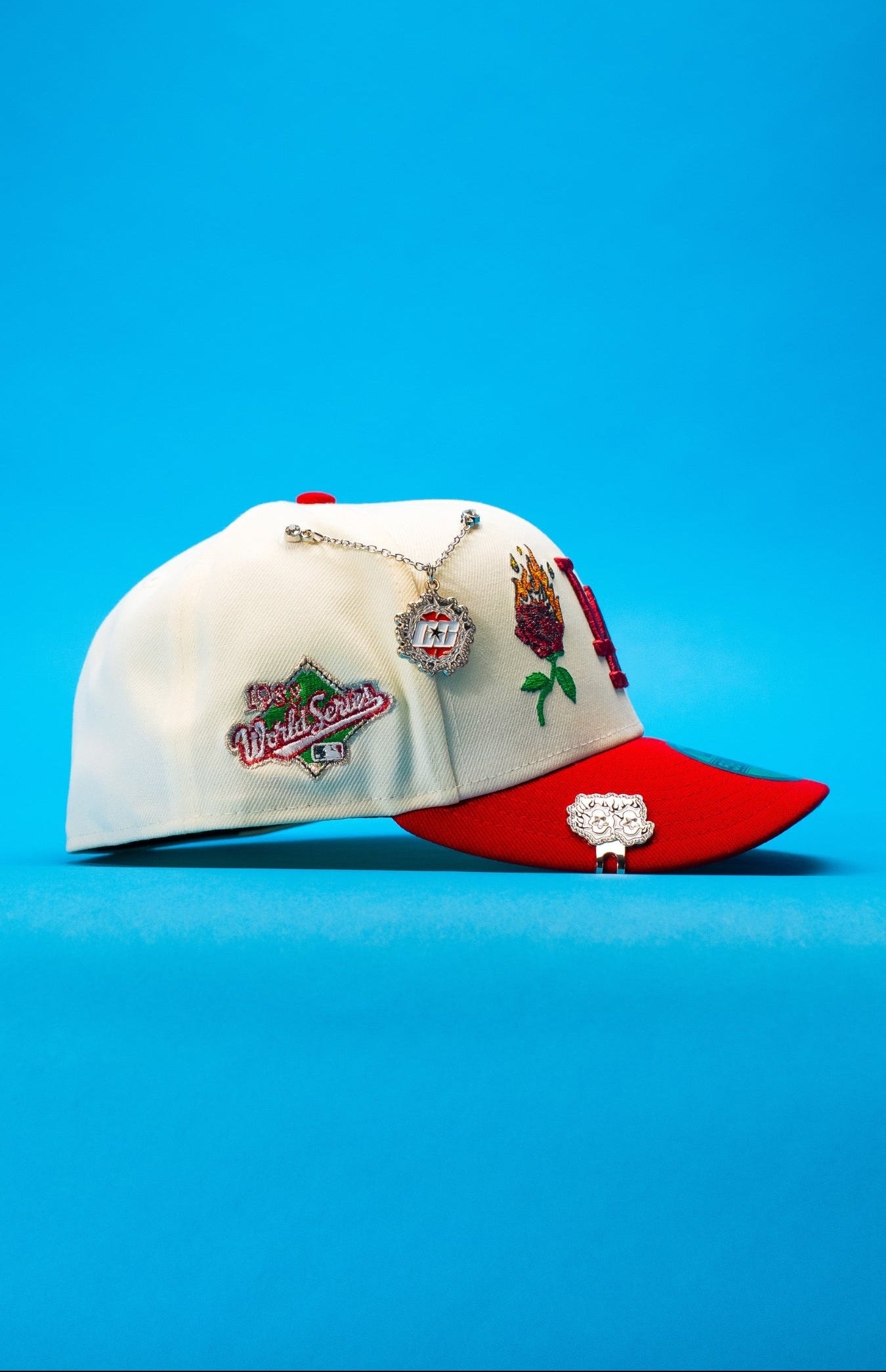 NEW ERA EXCLUSIVE 59FIFTY CHROME/RED LOS ANGELES DODGERS W/ BURNT ROSES + 1988 WORLD SERIES SIDE PATCH
