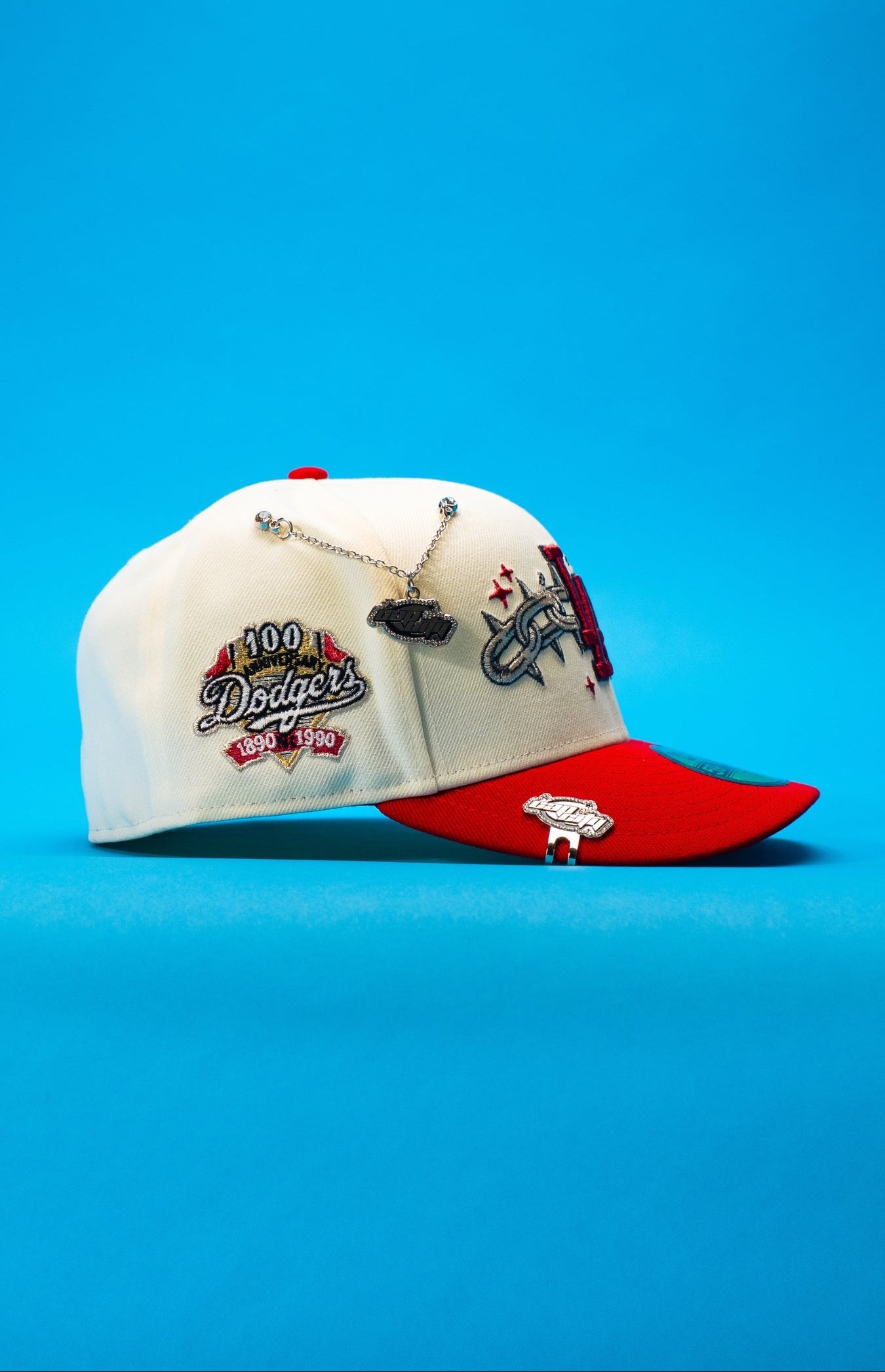 NEW ERA EXCLUSIVE 59FIFTY CHROME/RED LOS ANGELES DODGERS W/ EMBROIDERY + 100TH ANNIVERSARY SIDE PATCH