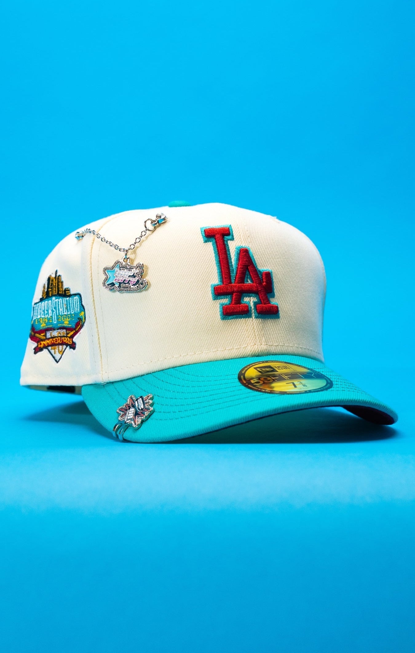 NEW ERA EXCLUSIVE 59FIFTY CHROME/TURQUOISE LOS ANGELES DODGERS W/ 100TH ANNIVERSARY SIDE PATCH