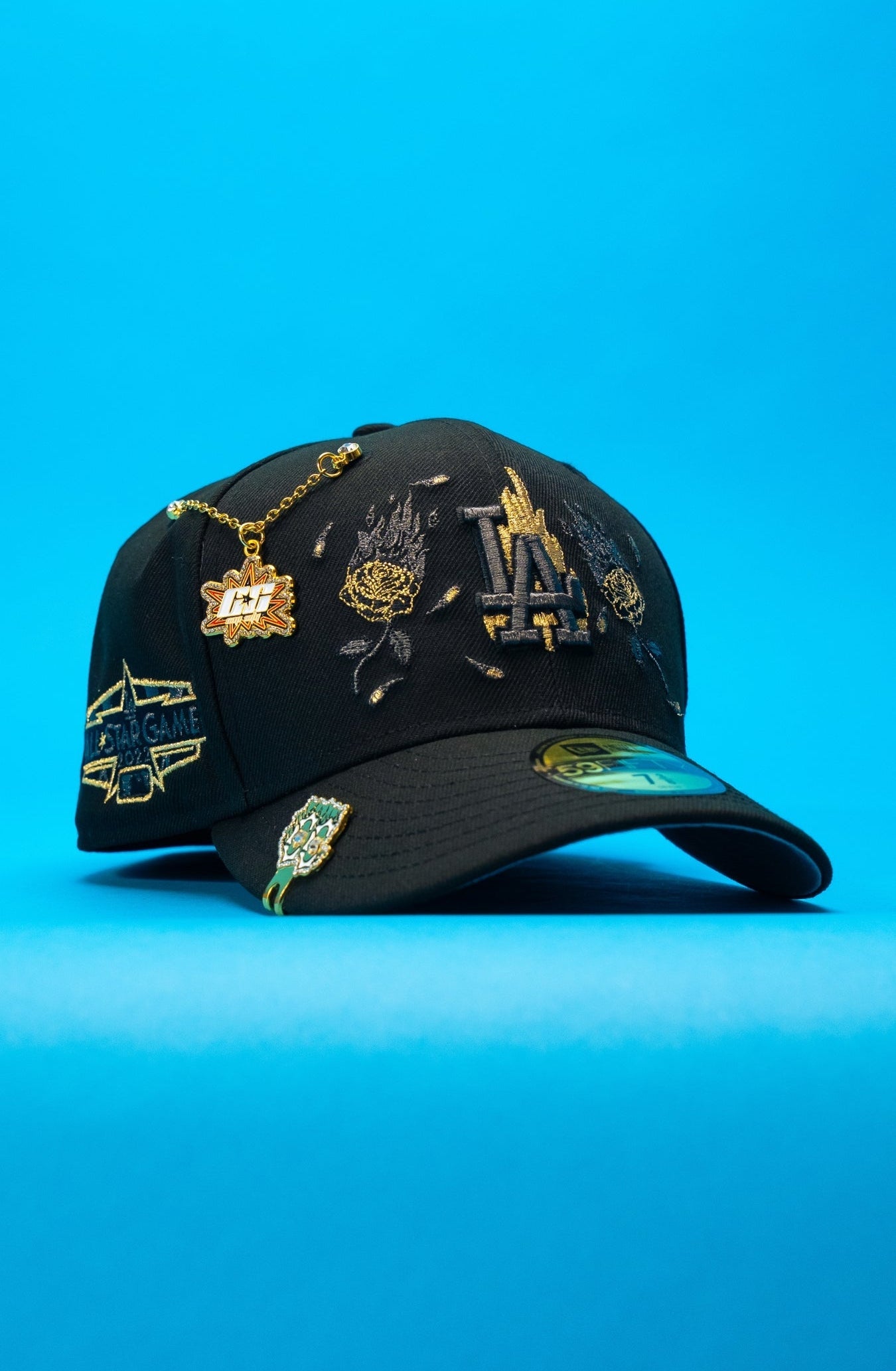 NEW ERA EXCLUSIVE 59FIFTY BLACK LOS ANGELES DODGERS W/ BURNT ROSES + ALL STAR GAME SIDE PATCH