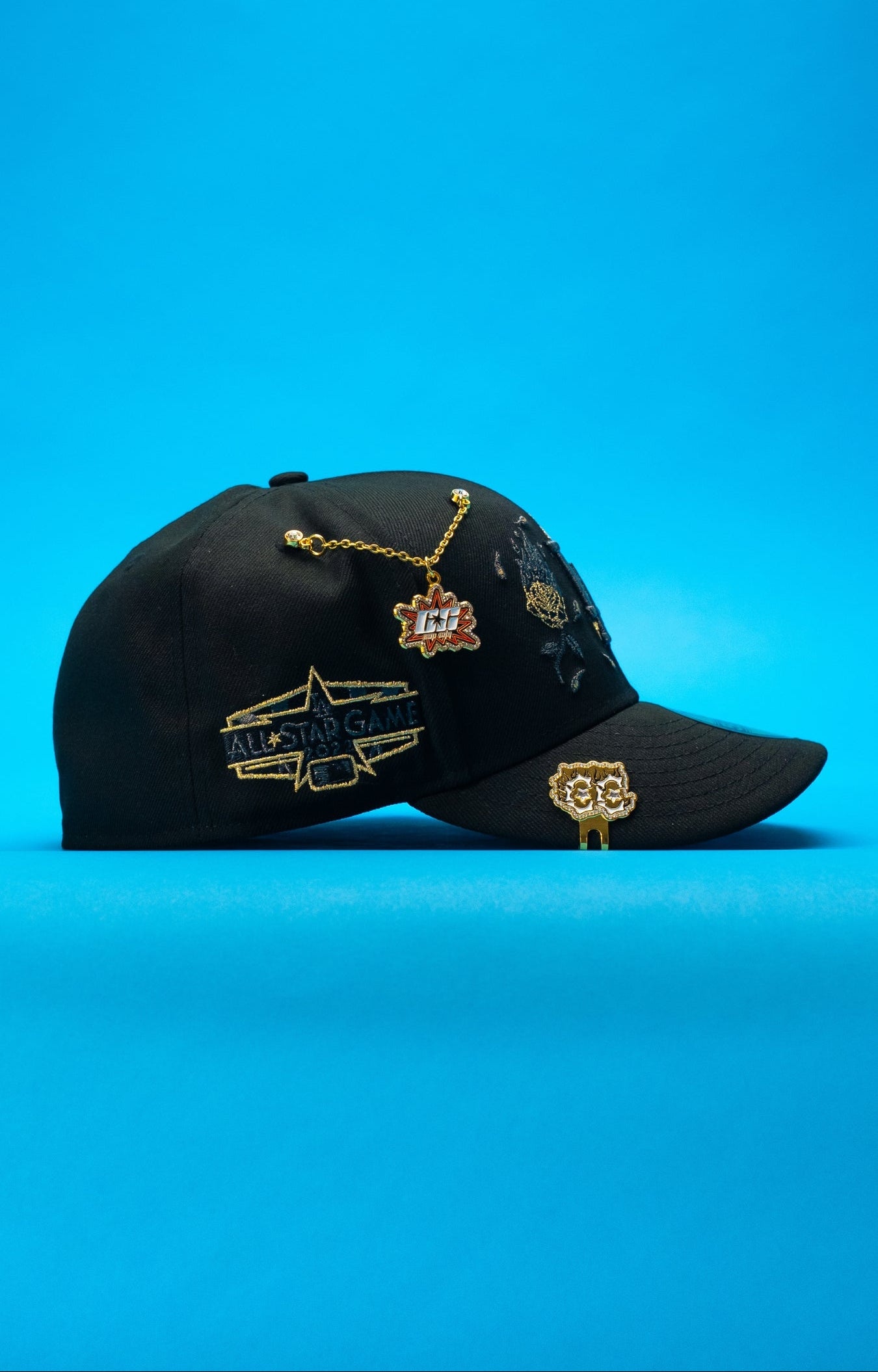 NEW ERA EXCLUSIVE 59FIFTY BLACK LOS ANGELES DODGERS W/ BURNT ROSES + ALL STAR GAME SIDE PATCH