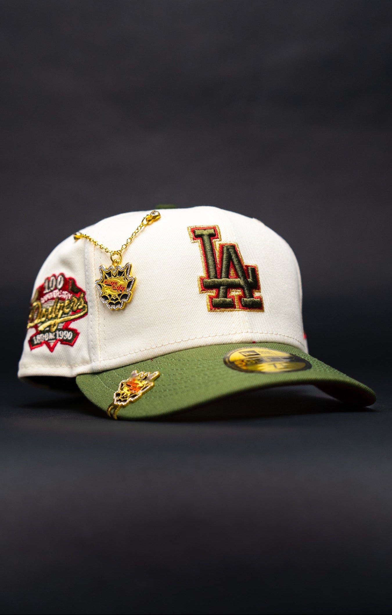 NEW ERA EXCLUSIVE 59FIFTY CHROME/OLIVE LOS ANGELES DODGERS W/ 100TH ANNIVERSARY SIDE PATCH