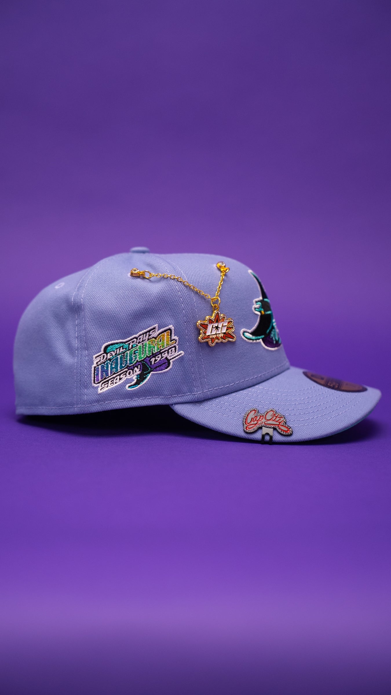 NEW ERA EXCLUSIVE 59FIFTY LAVENDER TAMPA BAY DEVILRAYS W/ 1998 INAUGURAL SEASON SIDE PATCH
