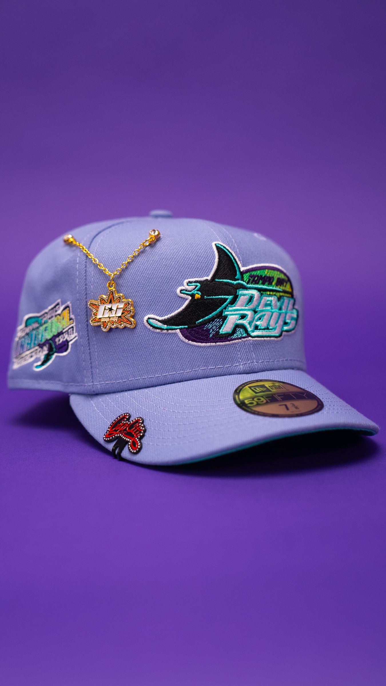 NEW ERA EXCLUSIVE 59FIFTY LAVENDER TAMPA BAY DEVILRAYS W/ 1998 INAUGURAL SEASON SIDE PATCH