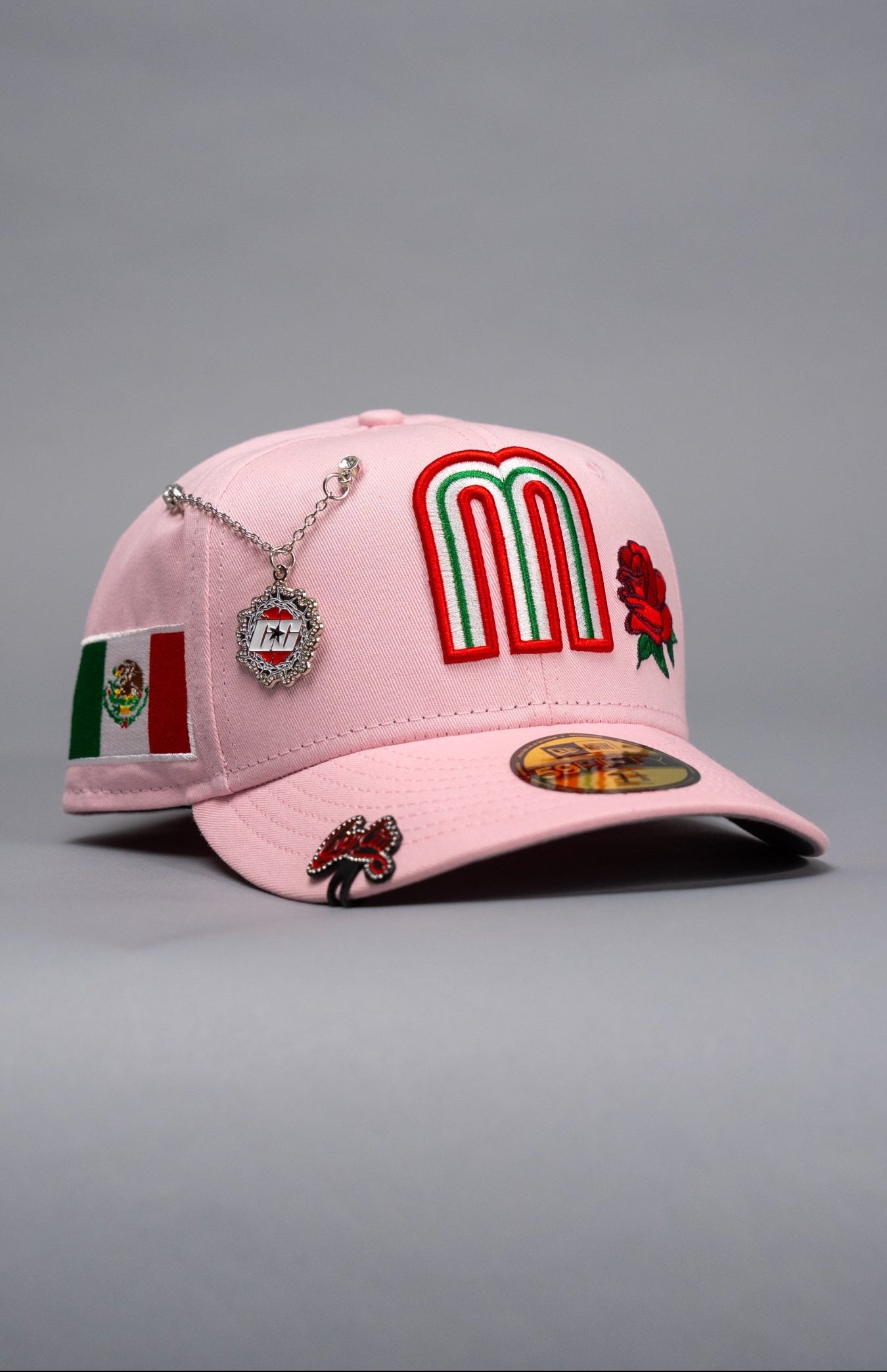 NEW ERA EXCLUSIVE 59FIFTY PINK MEXICO 2025 WORLD BASEBALL CLASSIC W/ RED ROSE + MEXICO FLAG SIDE PATCH
