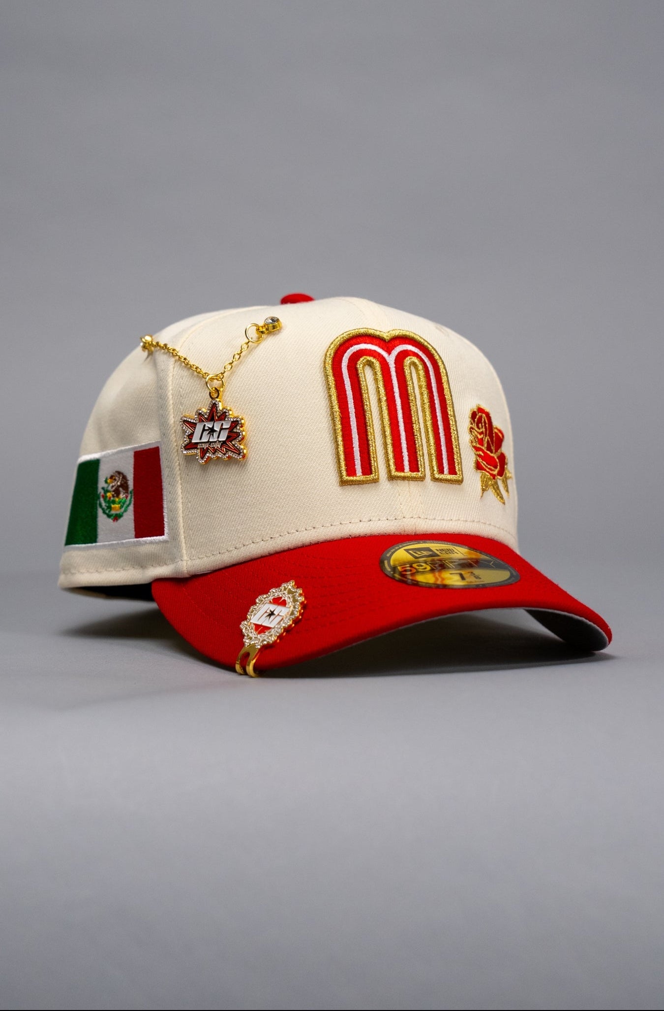 NEW ERA EXCLUSIVE 59FIFTY CHROME/RED MEXICO 2025 WORLD BASEBALL CLASSIC W/ ROSES + MEXICO FLAG SIDE PATCH