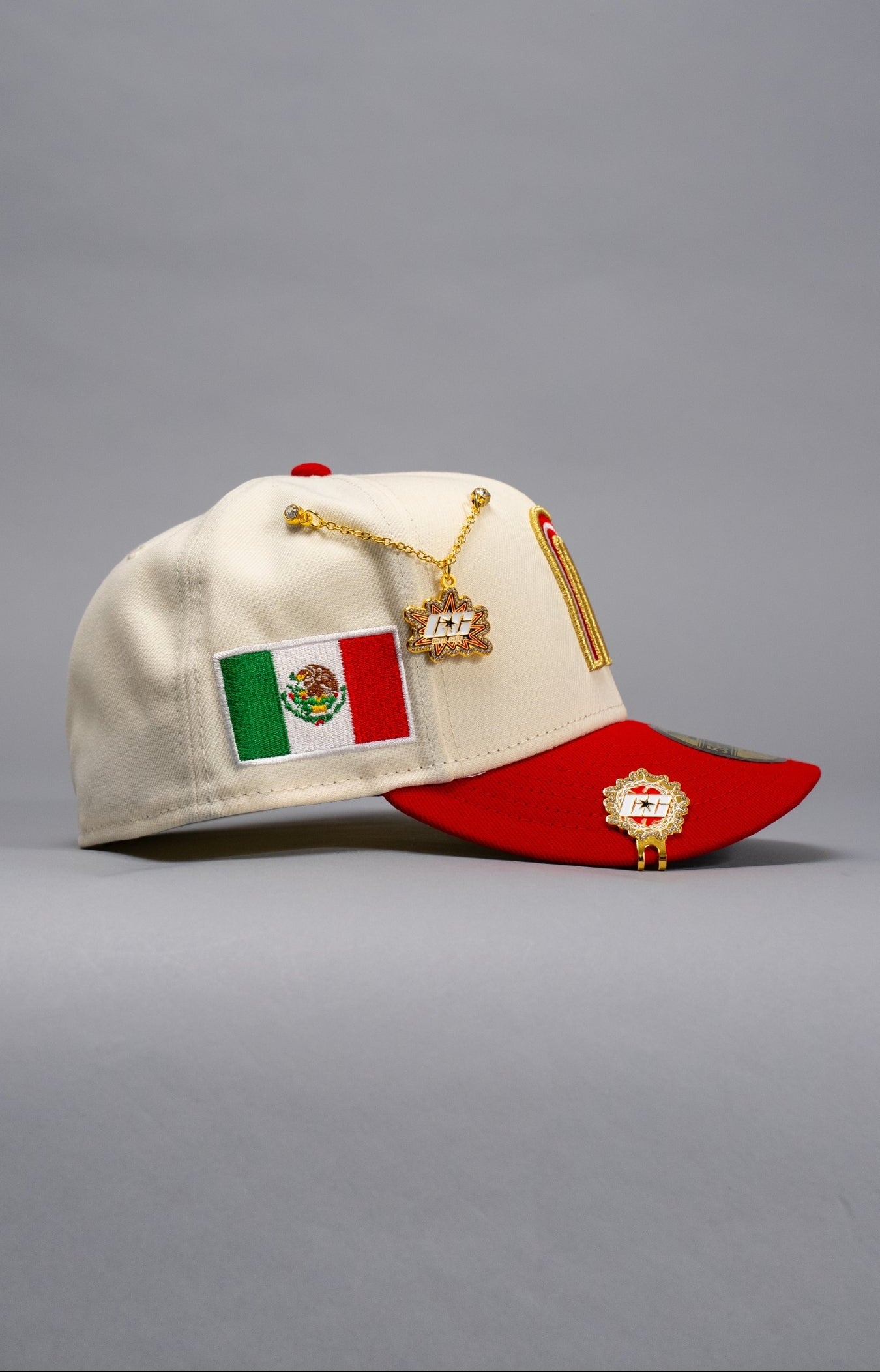 NEW ERA EXCLUSIVE 59FIFTY CHROME/RED MEXICO 2025 WORLD BASEBALL CLASSIC W/ ROSES + MEXICO FLAG SIDE PATCH