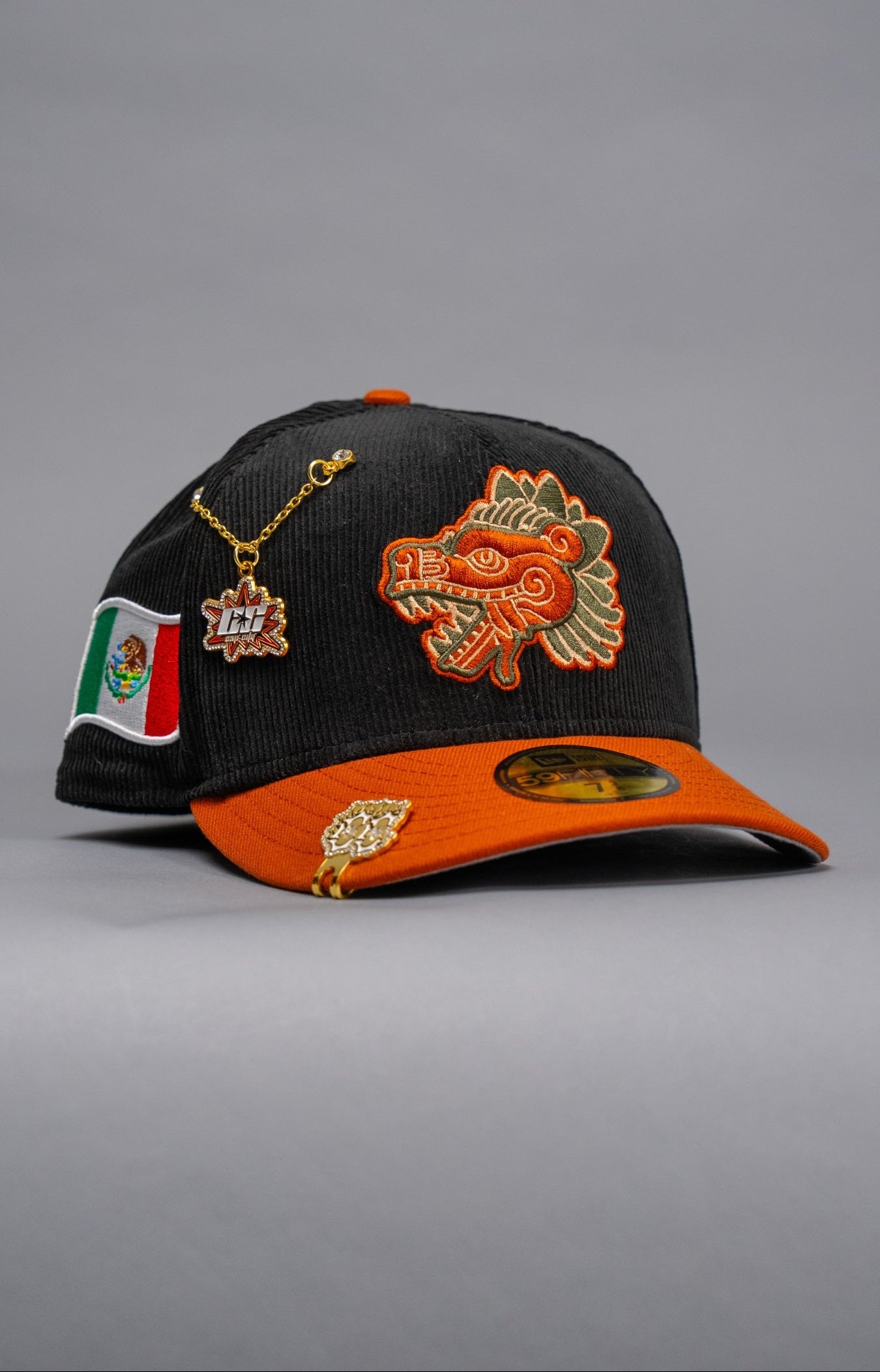 NEW ERA EXCLUSIVE 59FIFTY CORDUROY/RUST MEXICO "QUETZALCOATL" W/ MEXICO FLAG SIDE PATCH
