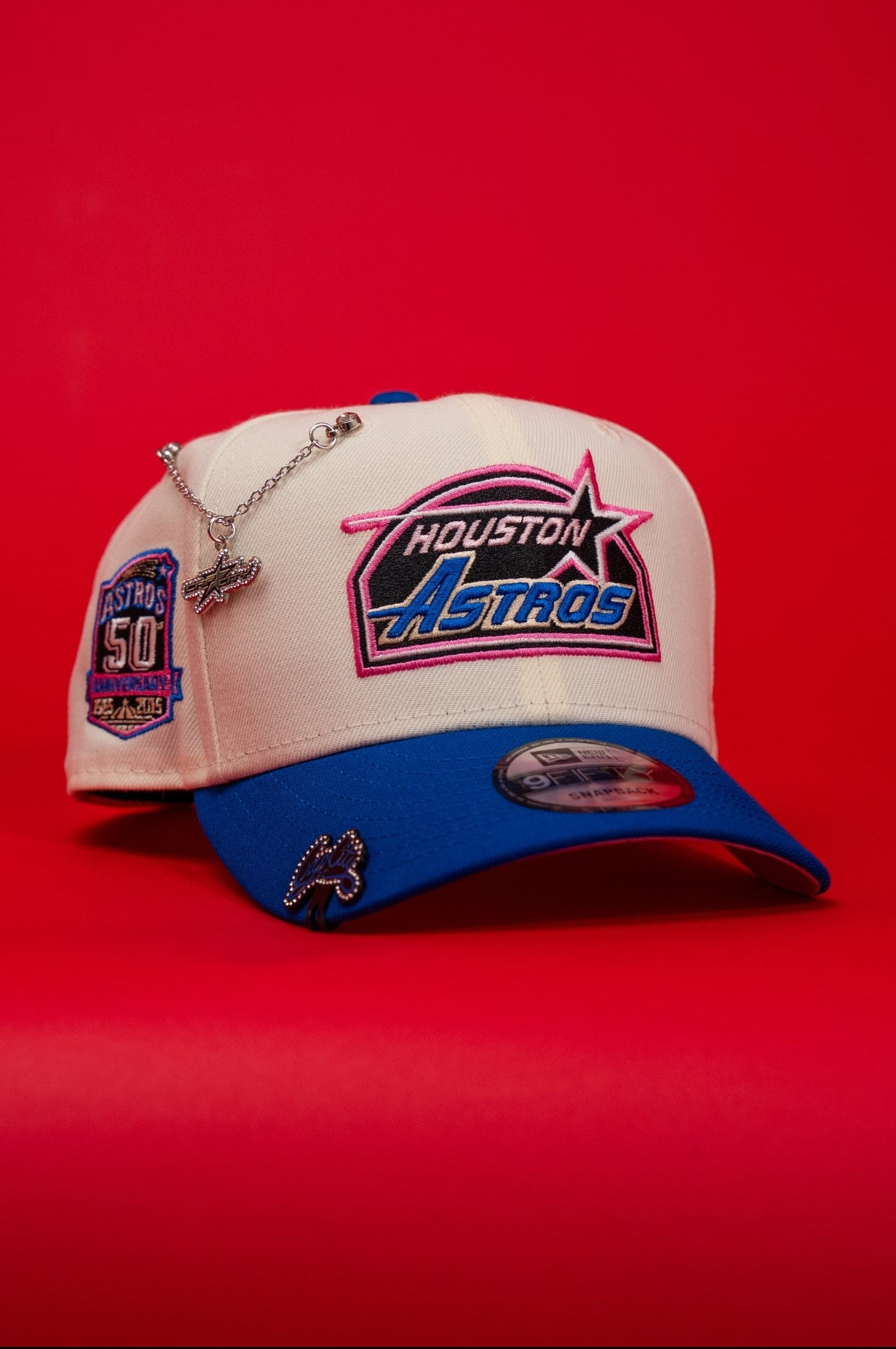 NEW ERA EXCLUSIVE 9FIFTY CHROME/BLUE HOUSTON ASTROS SNAPBACK W/ 50TH ANNIVERSARY SIDE PATCH