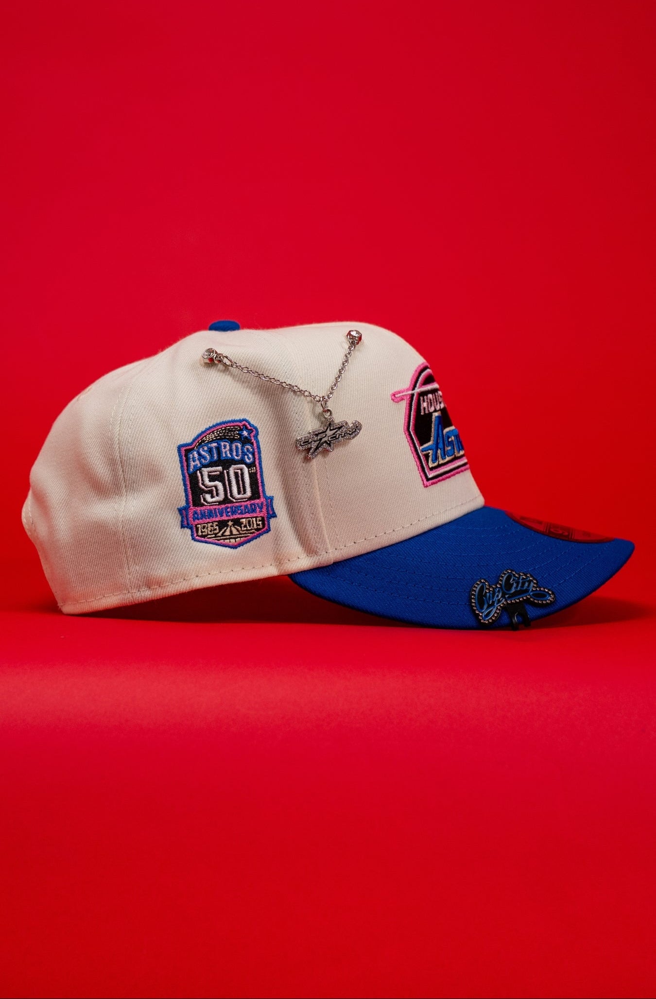 NEW ERA EXCLUSIVE 9FIFTY CHROME/BLUE HOUSTON ASTROS SNAPBACK W/ 50TH ANNIVERSARY SIDE PATCH
