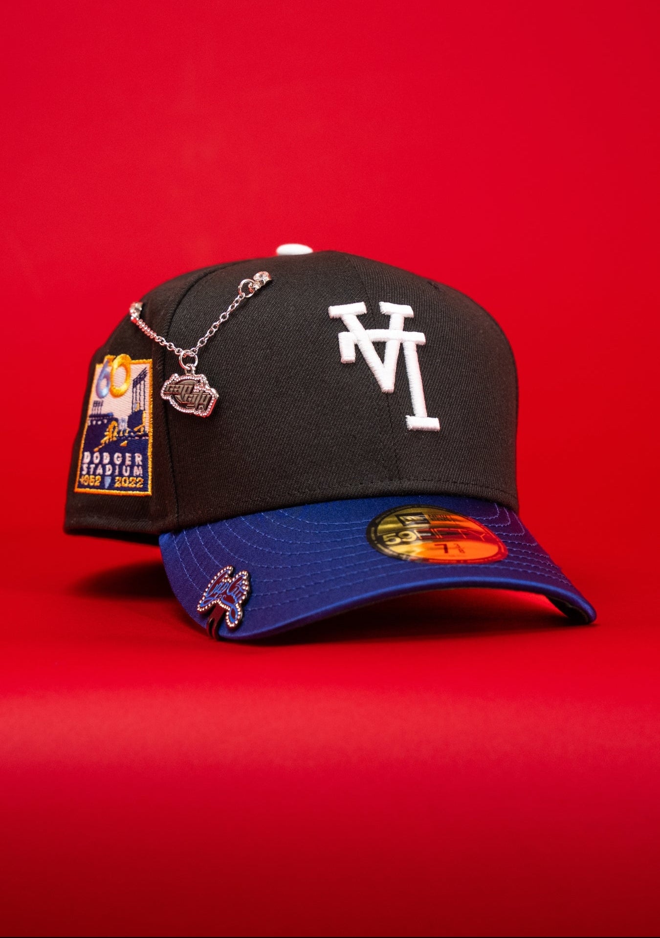 NEW ERA EXCLUSIVE 59FIFTY BLACK/SATIN BLUE UPSIDE DOWN LOS ANGELES DODGERS W/ 60TH ANNIVERSARY SIDE PATCH