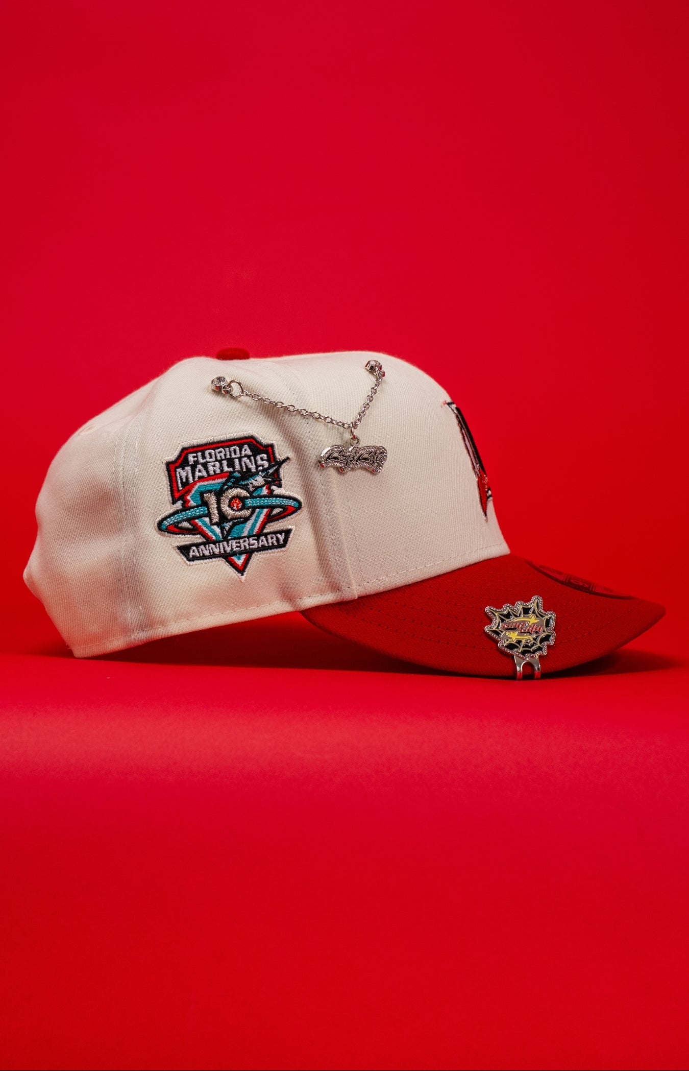 NEW ERA EXCLUSIVE 9FIFTY CHROME/RED MIAMI MARLINS SNAPBACK W/ 10TH ANNIVERSARY SIDE PATCH