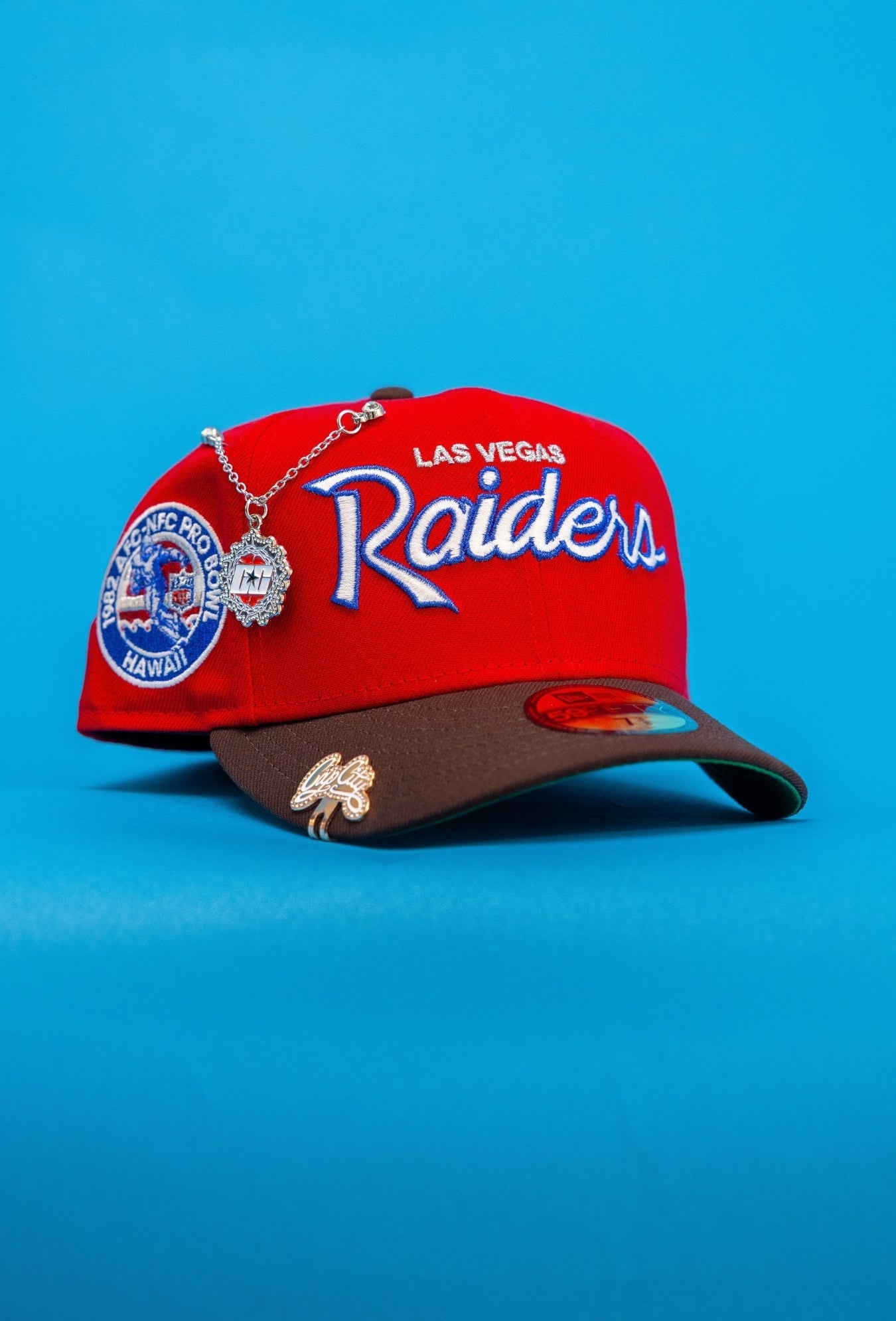 NEW ERA EXCLUSIVE 59FIFTY RED/BROWN LAS VEGAS RAIDERS W/ AFC-NFC PRO BOWL SIDE PATCH