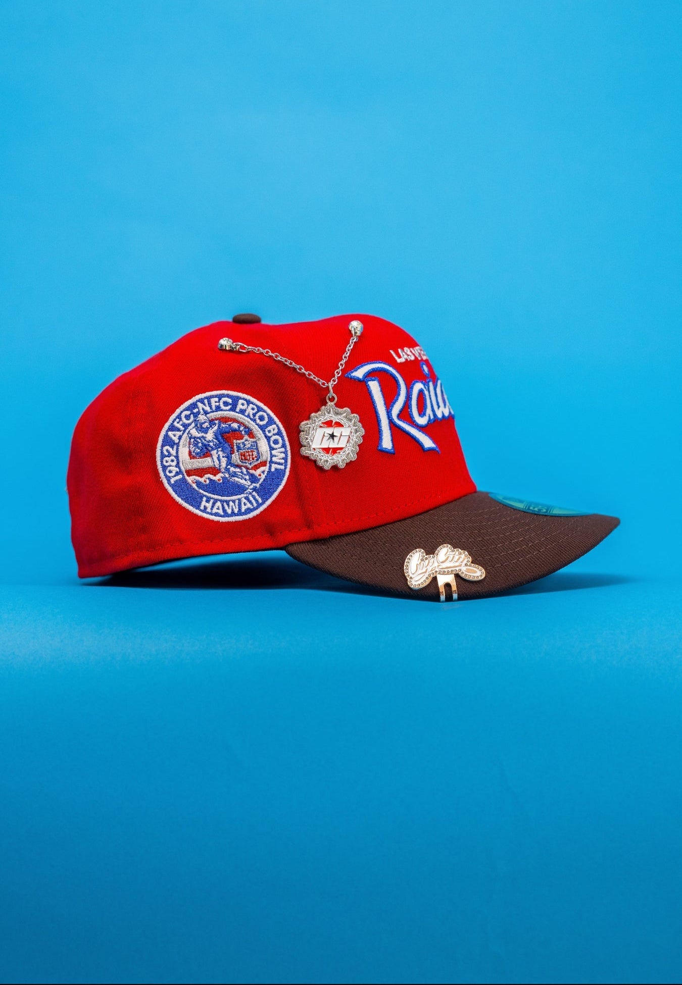 NEW ERA EXCLUSIVE 59FIFTY RED/BROWN LAS VEGAS RAIDERS W/ AFC-NFC PRO BOWL SIDE PATCH