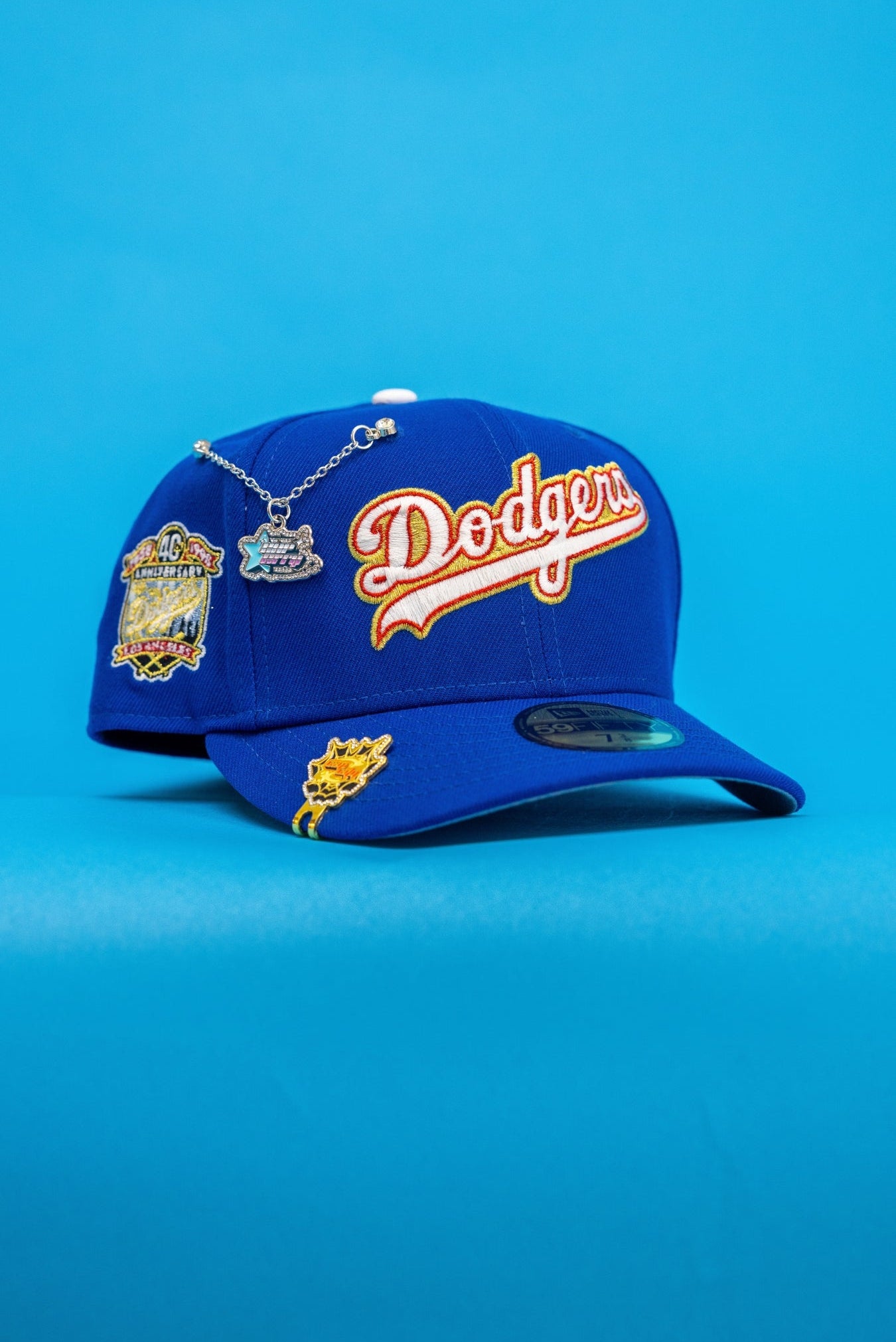 NEW ERA EXCLUSIVE 59FIFTY BLUE LOS ANGELES DODGERS SCRIPT W/ 40TH ANNIVERSARY SIDE PATCH