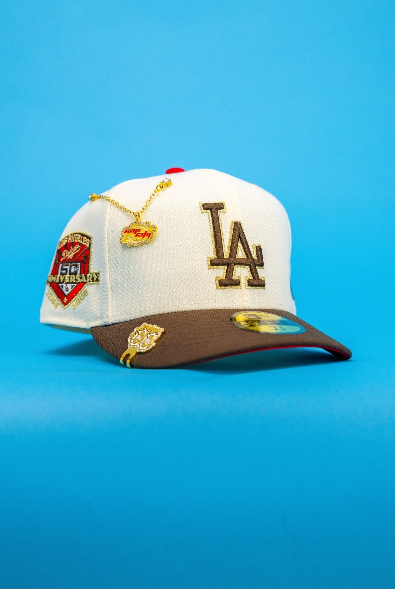 NEW ERA EXCLUSIVE 59FIFTY CHROME/BROWN LOS ANGELES DODGERS W/ 50TH ANNIVERSARY SIDE PATCH