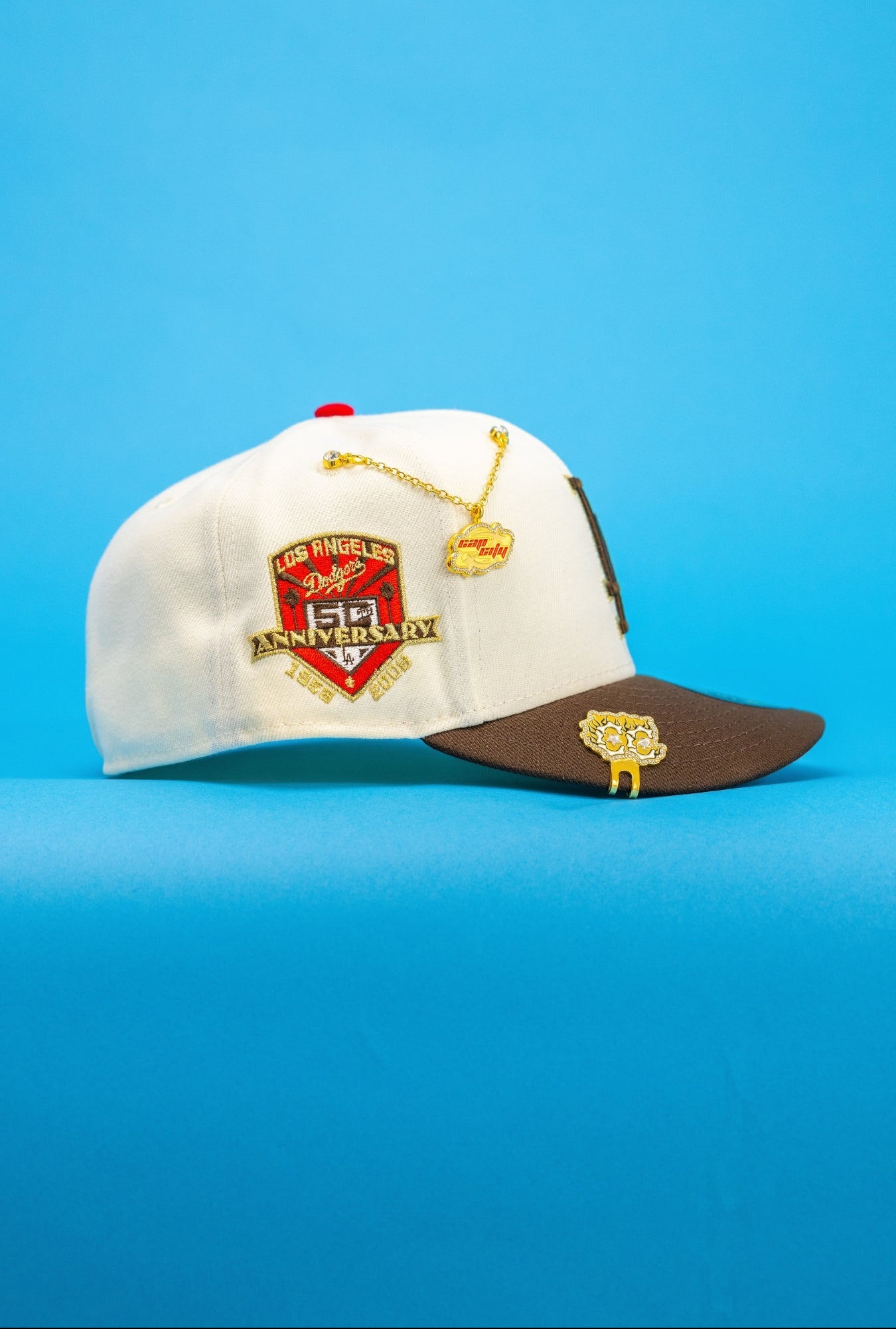 NEW ERA EXCLUSIVE 59FIFTY CHROME/BROWN LOS ANGELES DODGERS W/ 50TH ANNIVERSARY SIDE PATCH