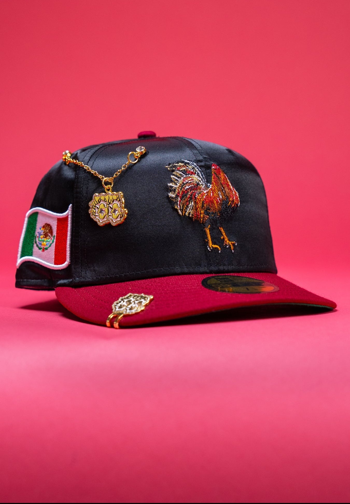 NEW ERA EXCLUSIVE 59FIFTY SATIN/BURGUNDY MEXICO "EL GALLO" W/ MEXICO FLAG SIDE PATCH