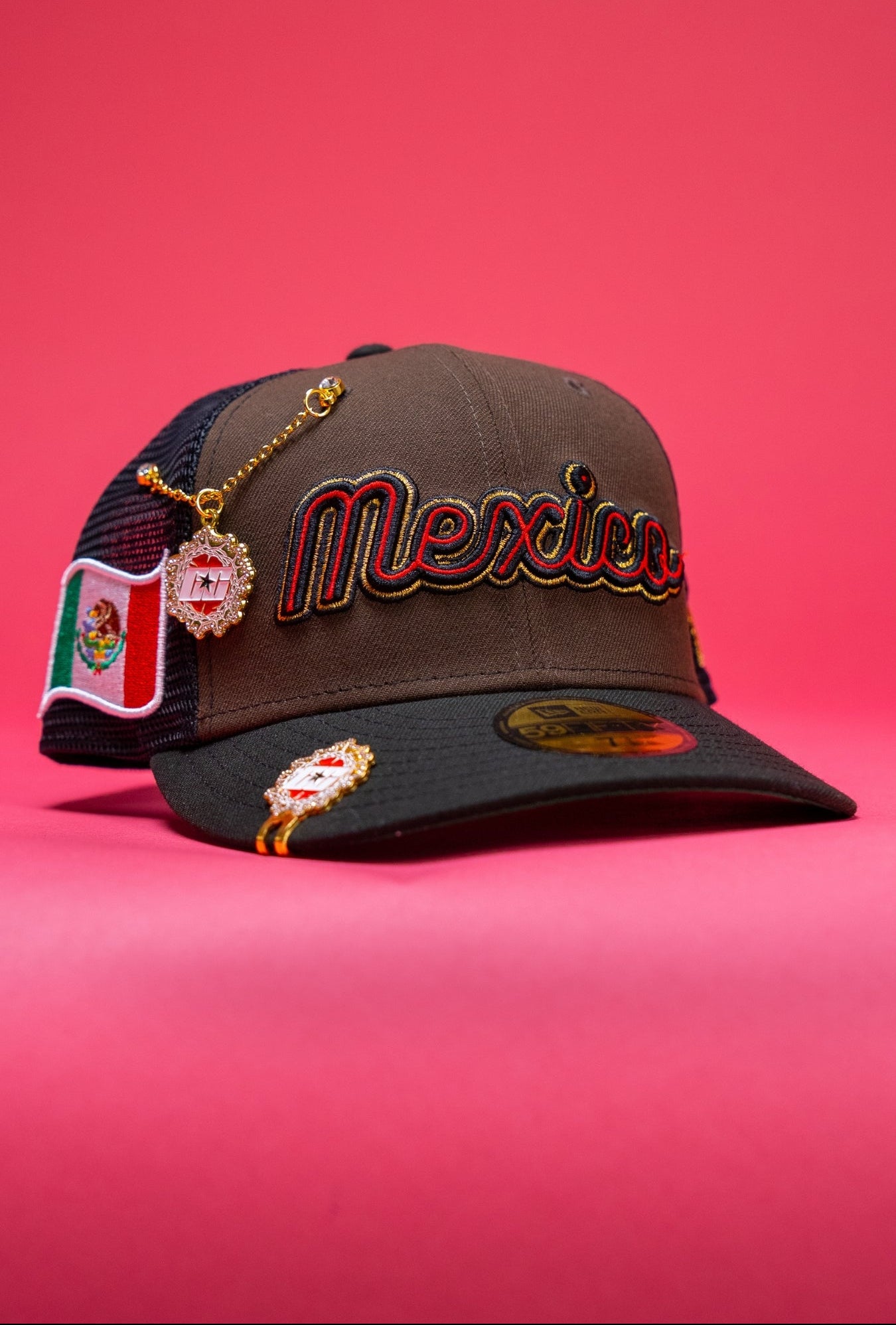 NEW ERA EXCLUSIVE 59FIFTY BROWN 2025 WBC MEXICO SCRIPIT MESHBACK W/ MEXICO FLAG SIDE PATCH