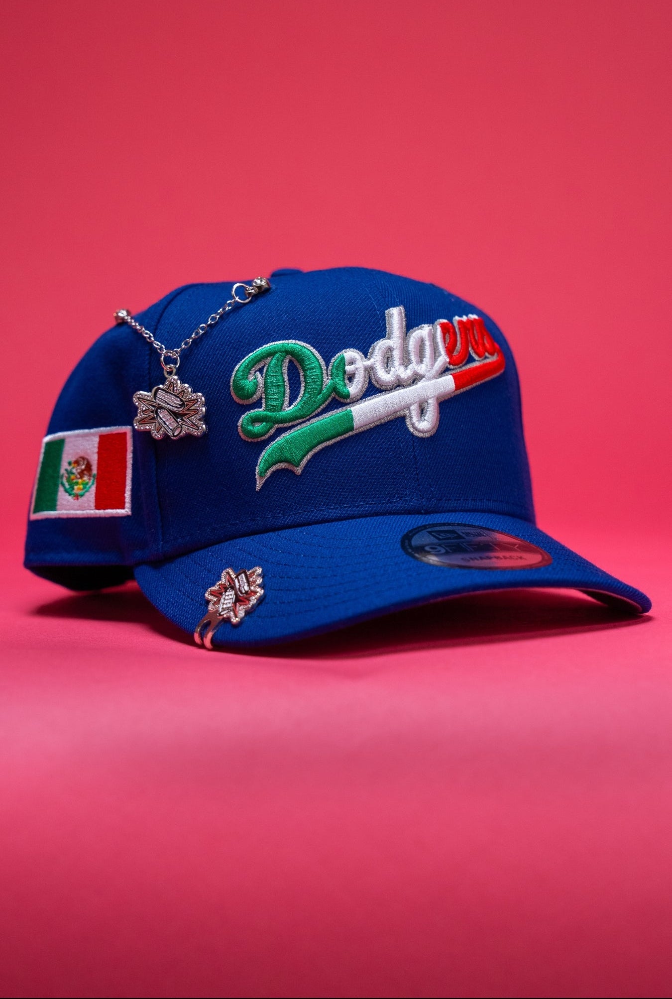NEW ERA EXCLUSIVE 9FIFTY BLUE LOS ANGELES DODGERS SCRIPT SNAPBACK W/ MEXICAN FLAG LOGO + MEXICO FLAG SIDE PATCH
