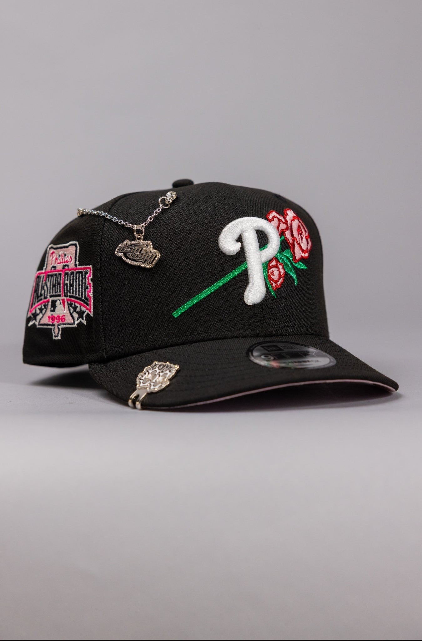 NEW ERA EXCLUSIVE 9FIFTY BLACK PHILADELPHIA PHILLIES SNAPBACK W/ ROSE + 1996 ALL STAR GAME SIDE PATCH