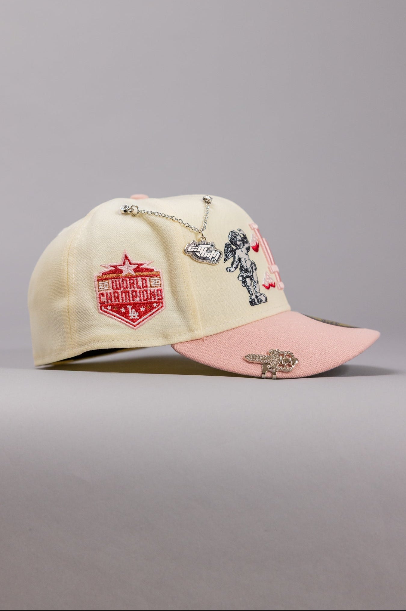 NEW ERA EXCLUSIVE 59FIFTY CHROME/PINK LOS ANGELES DODGERS "HEAVENLY CITY" W/ WORLD CHAMPIONS SIDE PATCH