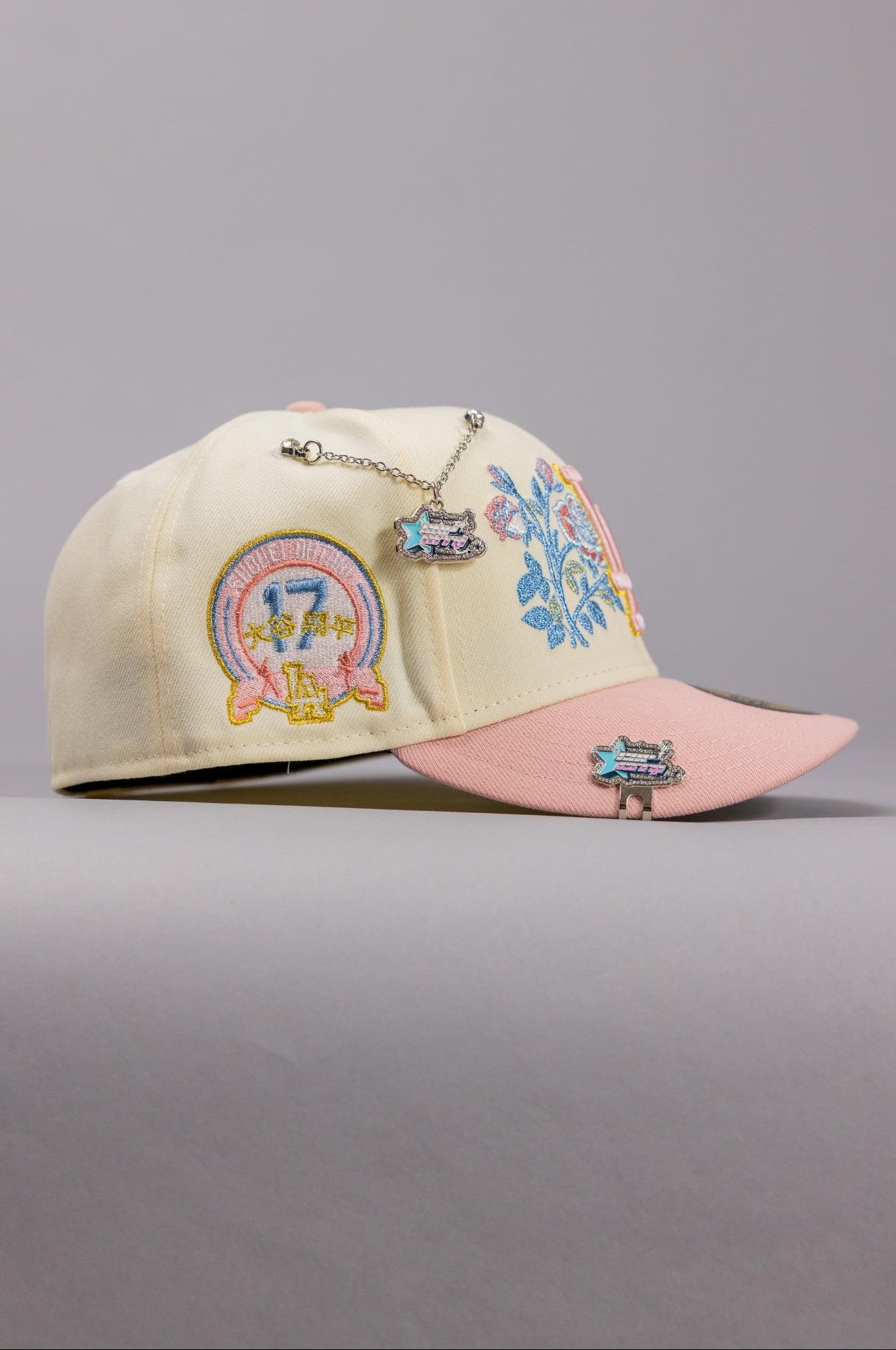 NEW ERA EXCLUSIVE 59FIFTY CHROME/PINK LOS ANGELES DODGERS W/ BLOOMING ROSE + SHOHEI OHTANI SIDE PATCH