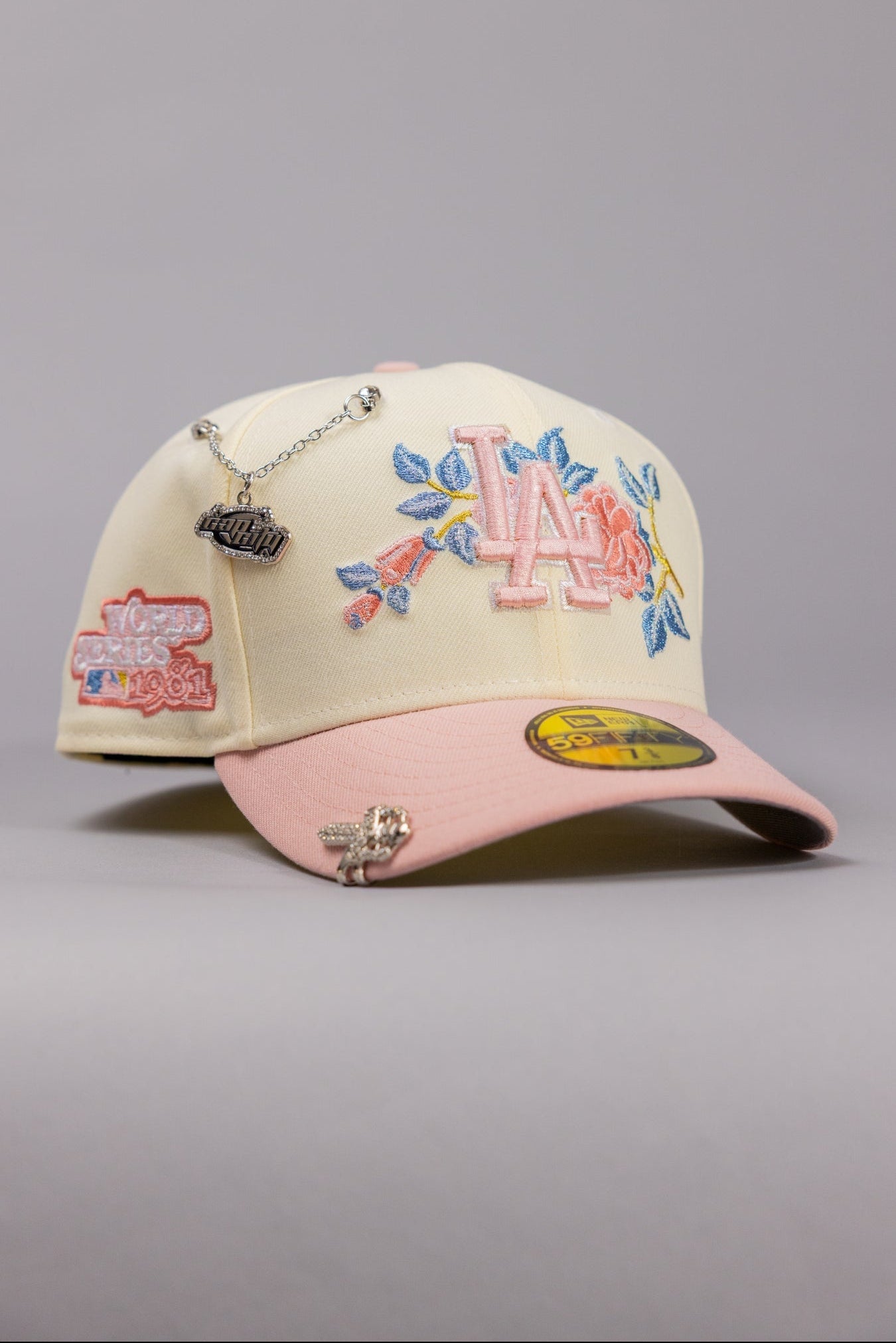 NEW ERA EXCLUSIVE 59FIFTY CHROME/PINK LOS ANGELES DODGERS W/ ROSE + 1981 WORLD SERIES SIDE PATCH
