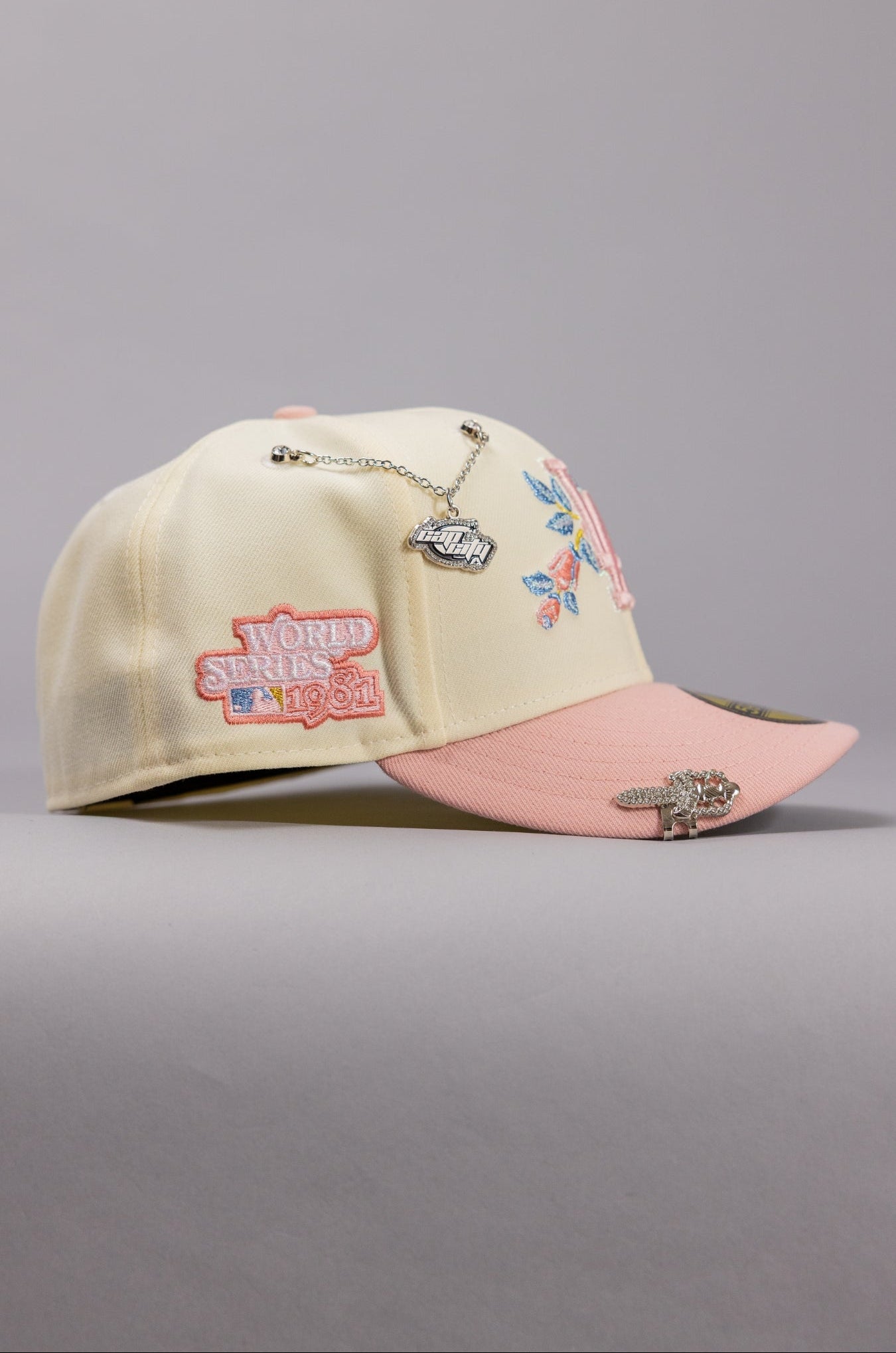 NEW ERA EXCLUSIVE 59FIFTY CHROME/PINK LOS ANGELES DODGERS W/ ROSE + 1981 WORLD SERIES SIDE PATCH