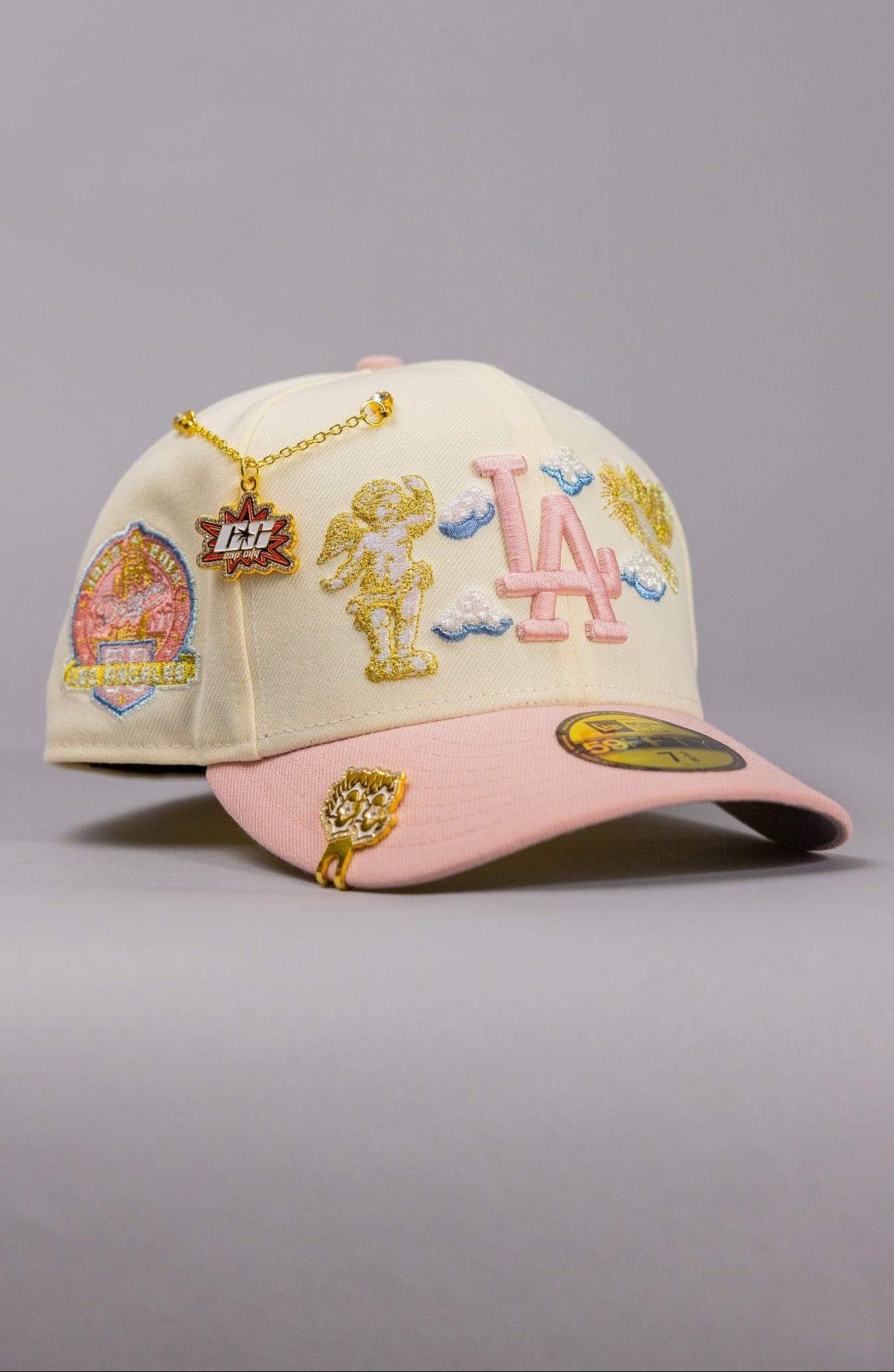 NEW ERA EXCLUSIVE 59FIFTY CHROME/PINK LOS ANGELES DODGERS "HEAVENLY CITY" W/ 60TH ANNIVERSARY SIDE PATCH