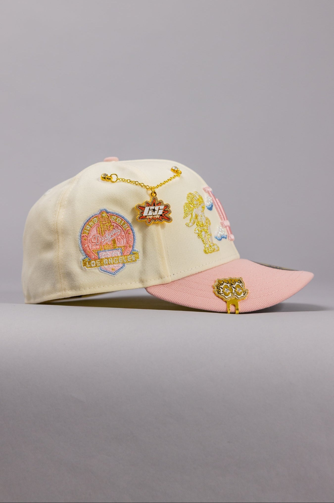 NEW ERA EXCLUSIVE 59FIFTY CHROME/PINK LOS ANGELES DODGERS "HEAVENLY CITY" W/ 60TH ANNIVERSARY SIDE PATCH