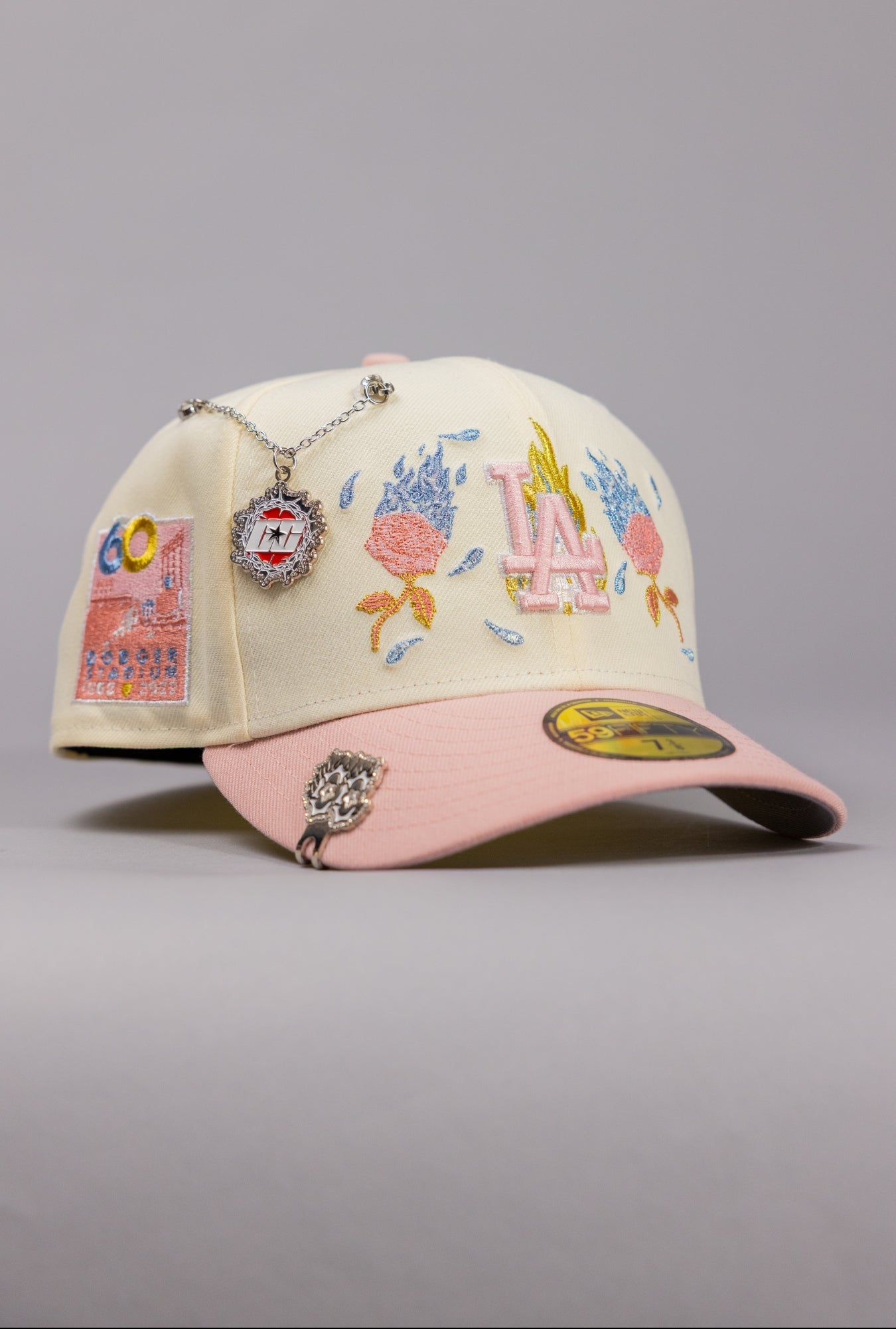NEW ERA EXCLUSIVE 59FIFTY CHROME/PINK LOS ANGELES DODGERS W/ BURNT ROSES + DODGER STADIUM SIDE PATCH