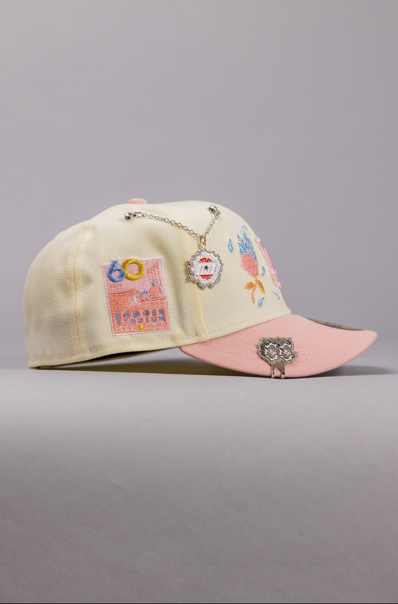NEW ERA EXCLUSIVE 59FIFTY CHROME/PINK LOS ANGELES DODGERS W/ BURNT ROSES + DODGER STADIUM SIDE PATCH