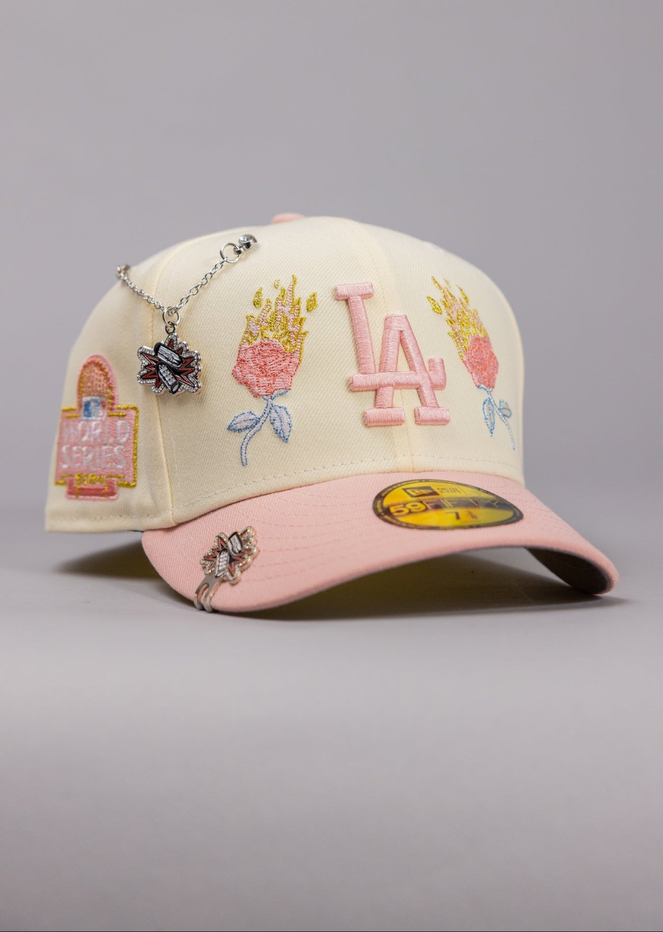 NEW ERA EXCLUSIVE 59FIFTY CHROME/PINK LOS ANGELES DODGERS W/ BURNT ROSES + WORLD SERIES SIDE PATCH