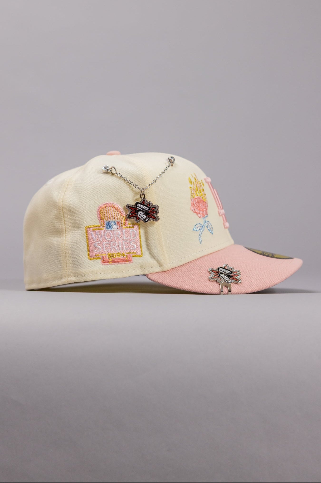 NEW ERA EXCLUSIVE 59FIFTY CHROME/PINK LOS ANGELES DODGERS W/ BURNT ROSES + WORLD SERIES SIDE PATCH