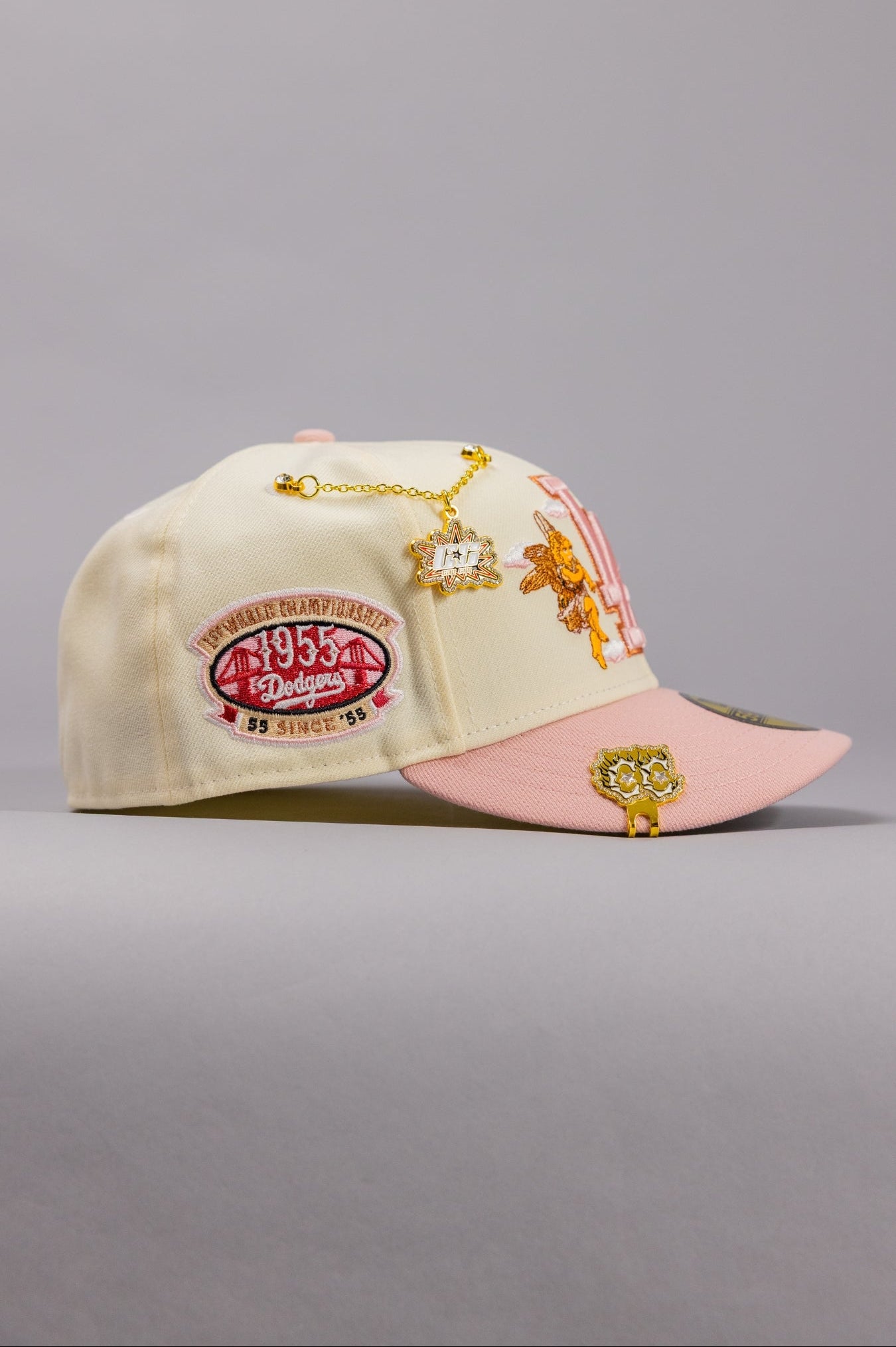 NEW ERA EXCLUSIVE 59FIFTY CHROME/PINK LOS ANGELES DODGERS "CITY OF ANGELS" W/ 1ST WORLD CHAMPIONSHIP SIDE PATCH