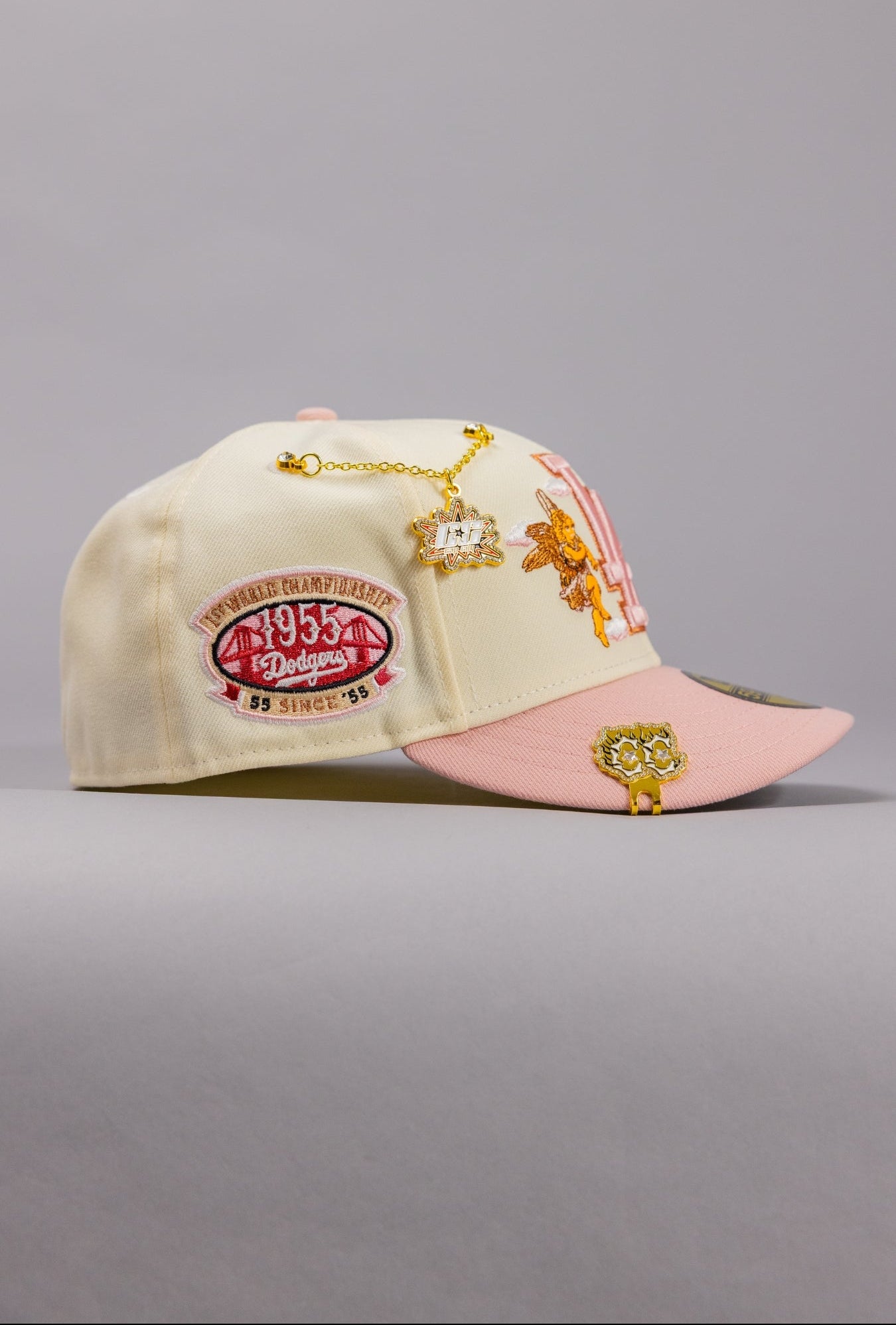 NEW ERA EXCLUSIVE 59FIFTY CHROME/PINK LOS ANGELES DODGERS "CITY OF ANGELS" W/ DODGER STADIUM SIDE PATCH