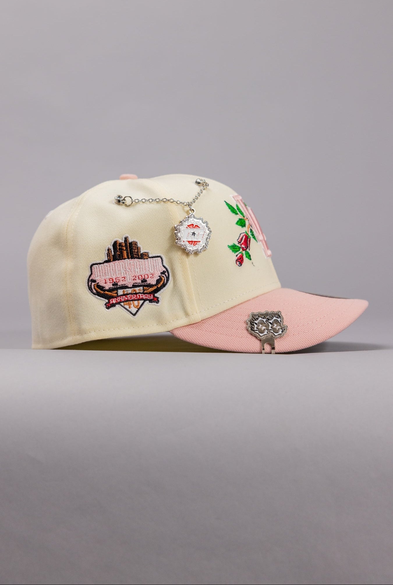 NEW ERA EXCLUSIVE 59FIFTY CHROME/PINK LOS ANGELES DODGERS W/ ROSE + 40TH ANNIVERSARY SIDE PATCH