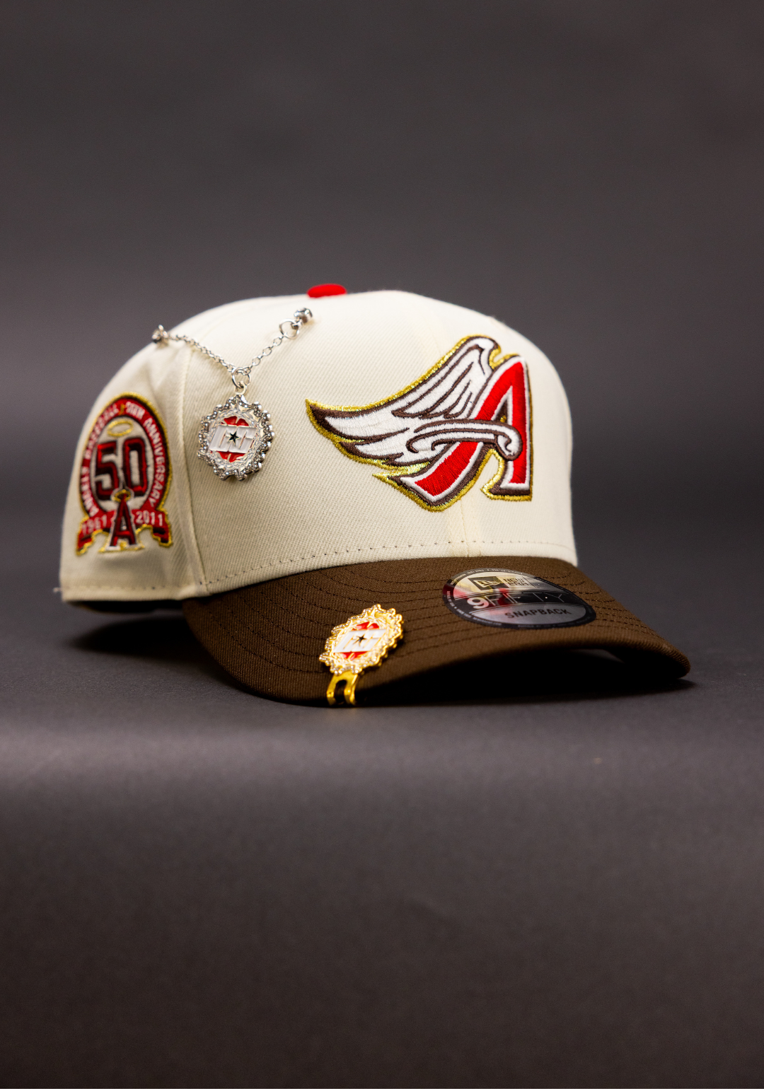 NEW ERA EXCLUSIVE 9FIFTY CHROME/WALNUT ANAHEIM ANGELS SNAPBACK W/ 50TH ANNIVERSARY SIDE PATCH