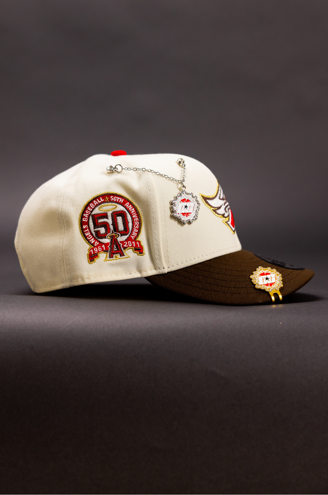 NEW ERA EXCLUSIVE 9FIFTY CHROME/WALNUT ANAHEIM ANGELS SNAPBACK W/ 50TH ANNIVERSARY SIDE PATCH