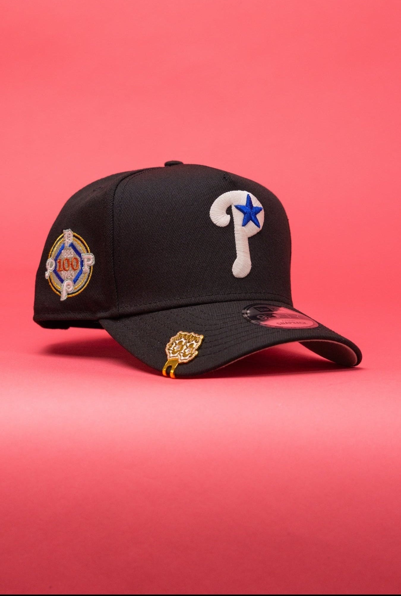 NEW ERA 9FIFTY A-FRAME BLACK PHILADELPHIA PHILLIES SNAPBACK W/ 100TH ANNIVERSARY SIDE PATCH
