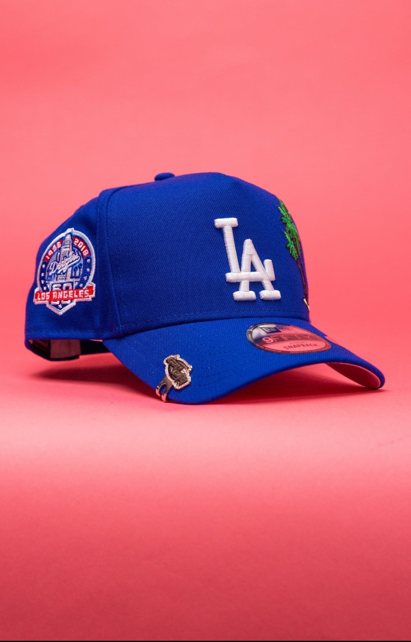 NEW ERA 9FIFTY A-FRAME BLUE LOS ANGELES DODGERS W/ PALM TREES + 60TH ANNIVERSARY SIDE PATCH