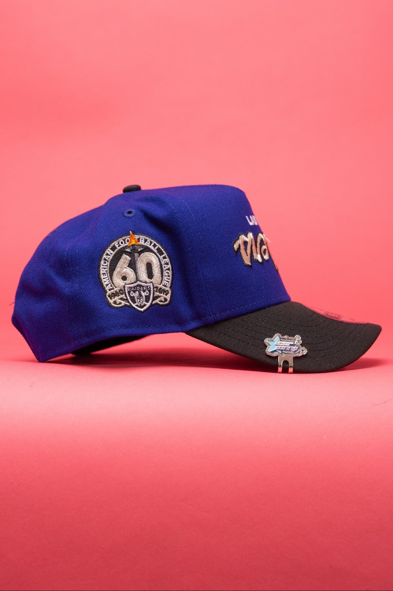 NEW ERA 9FIFTY A-FRAME BLUE/BLACK UPSIDE DOWN LAS VEGAS RAIDERS SNAPBACK W/ 60TH ANNIVERSARY SIDE PATCH