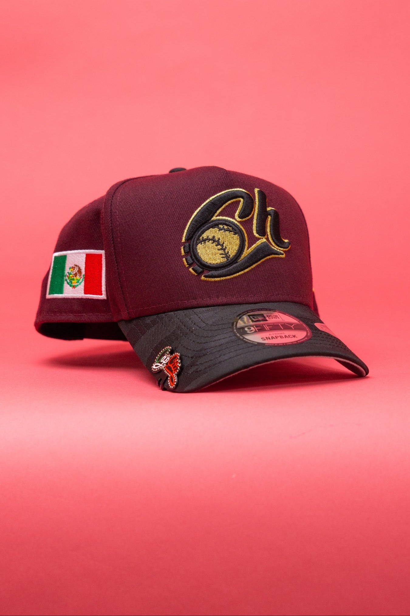 NEW ERA 9FIFTY A-FRAME BURGUNDY/BLACK CHARROS DE JALISCO SNAPBACK W/ MEXICO FLAG SIDE PATCH