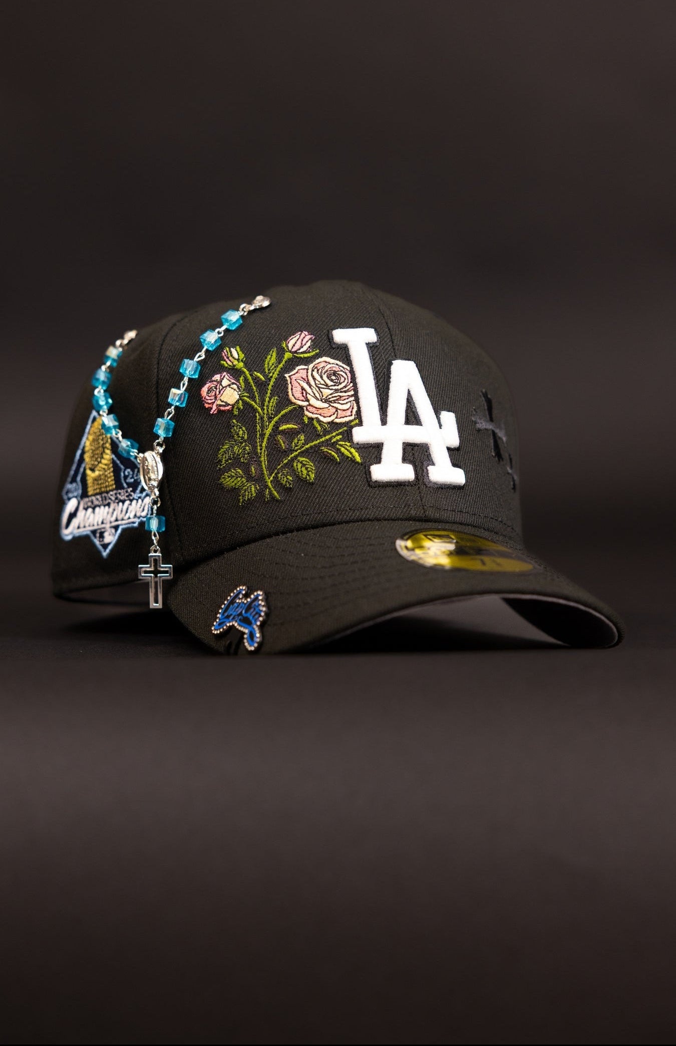 NEW ERA EXCLUSIVE 59FIFTY BLACK LOS ANGELES DODGERS W/ BLOOMING ROSE + CHAMPIONS SIDE PATCH
