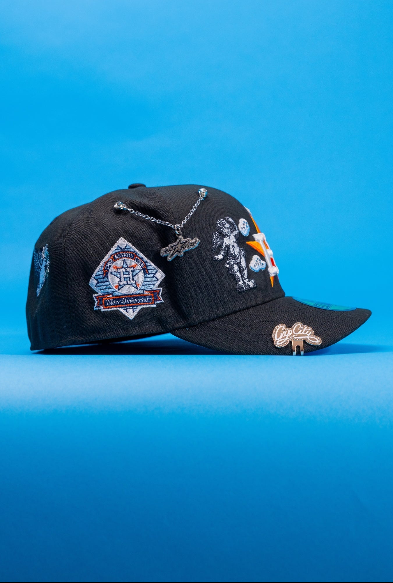 NEW ERA EXCLUSIVE 59FIFTY BLACK HOUSTON ASTROS "HEAVENLY CITY" W/ ANNIVERSARY SIDE PATCH