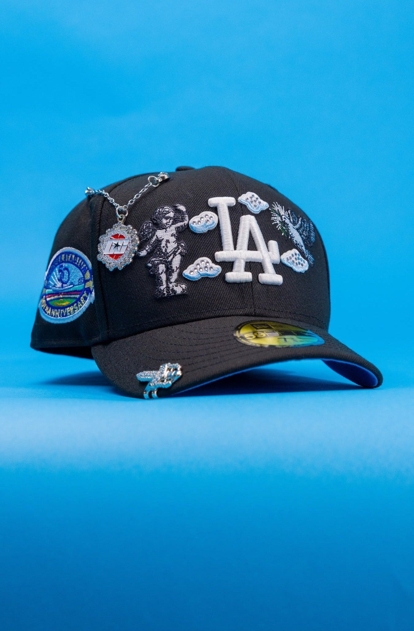 NEW ERA EXCLUSIVE 59FIFTY BLACK LOS ANGELES DODGERS "HEAVENLY CITY" W/ 50TH ANNIVERSARY SIDE PATCH