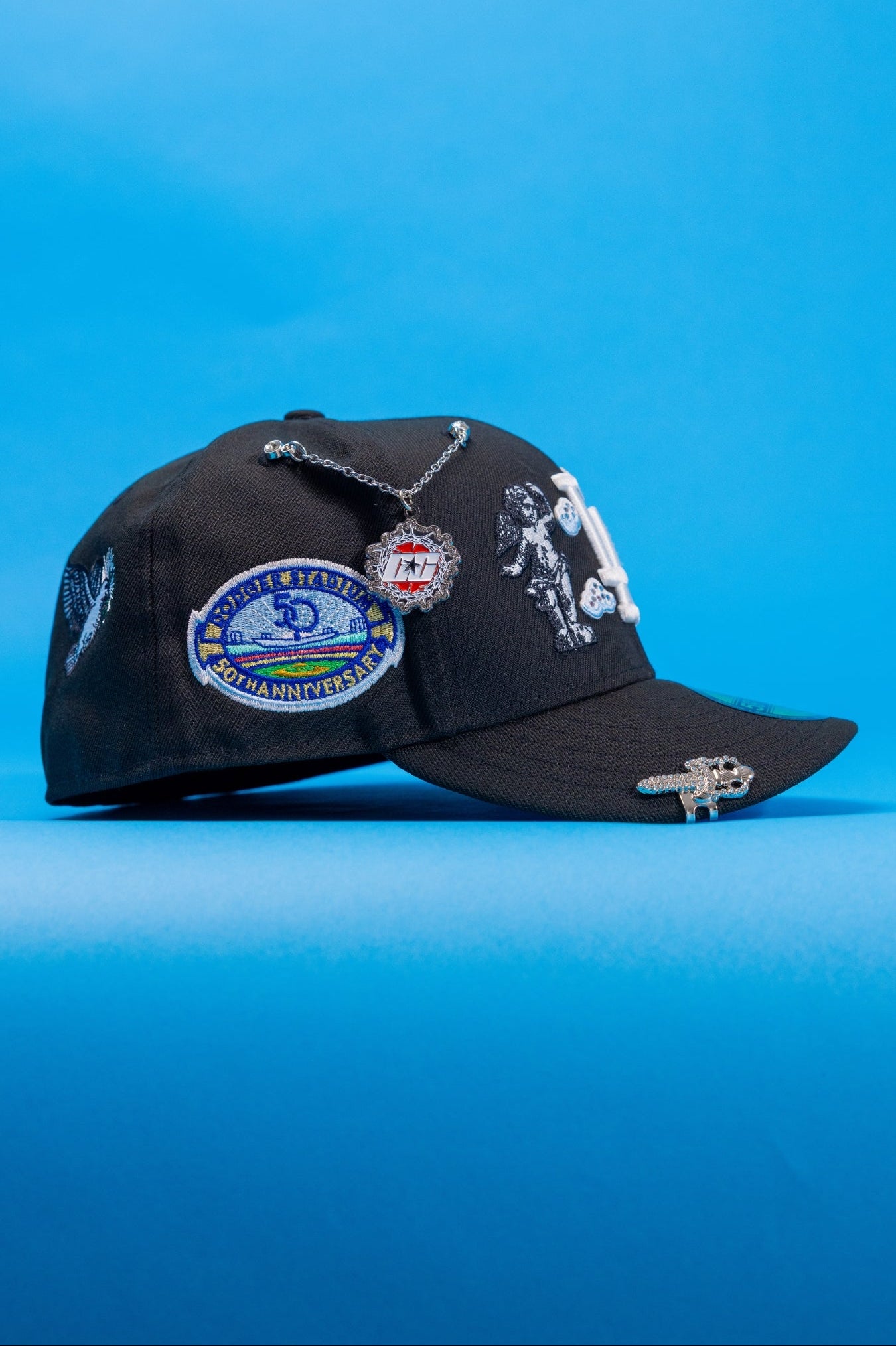 NEW ERA EXCLUSIVE 59FIFTY BLACK LOS ANGELES DODGERS "HEAVENLY CITY" W/ 50TH ANNIVERSARY SIDE PATCH